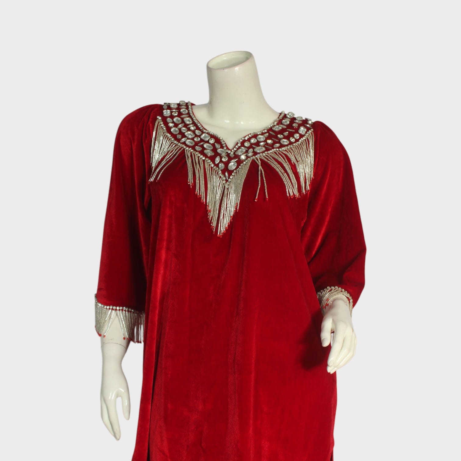 Red Afghani Velvet Kameez Set with Silver Beadwork