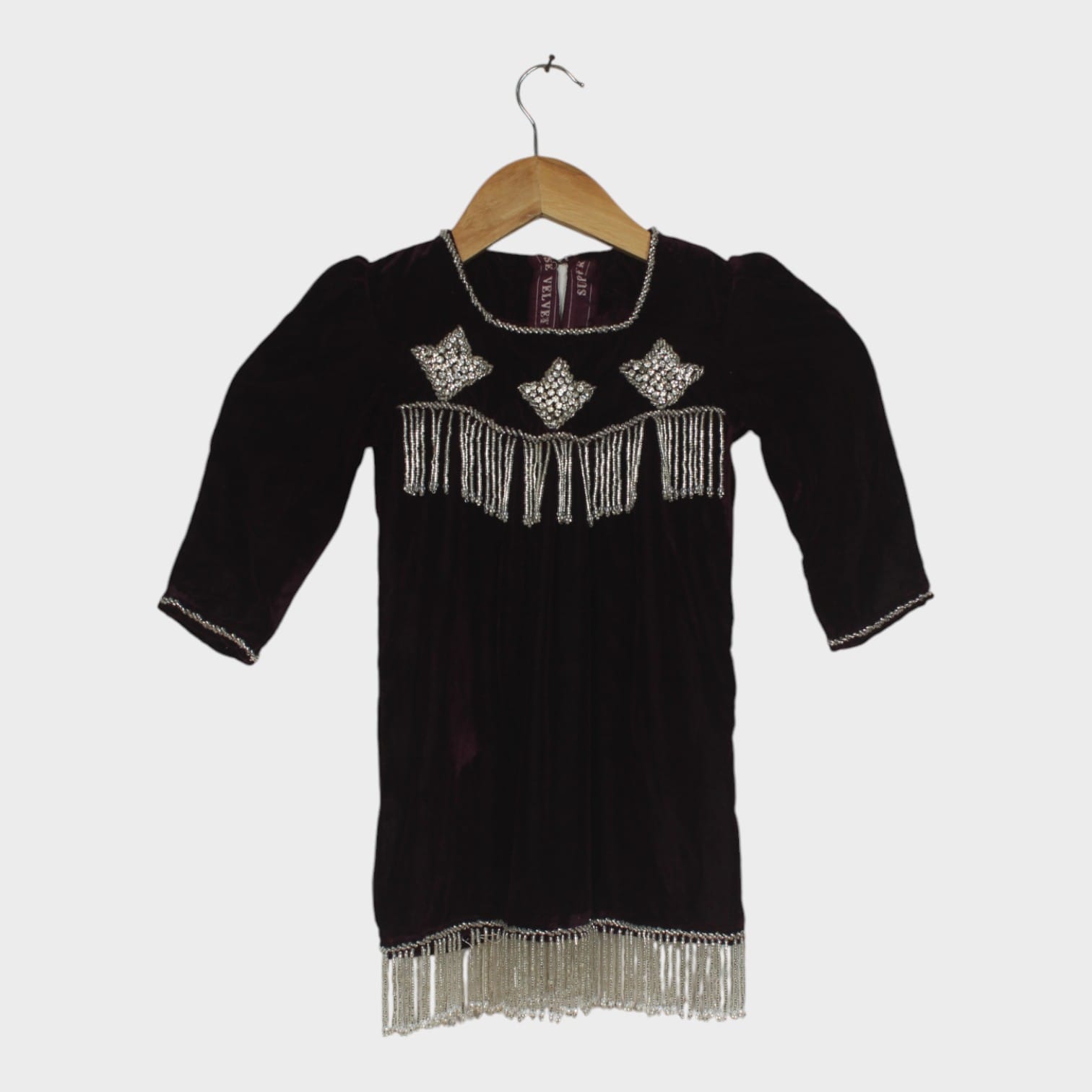 Traditional Black Velvet Dress with Mirror and Fringe Embellishment