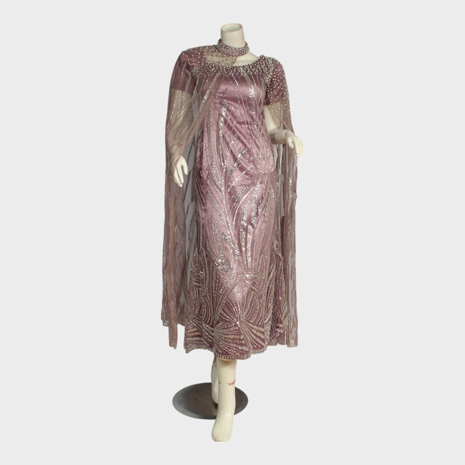 Rose Gold Embellished Evening Gown with Sheer Cape | Aseel