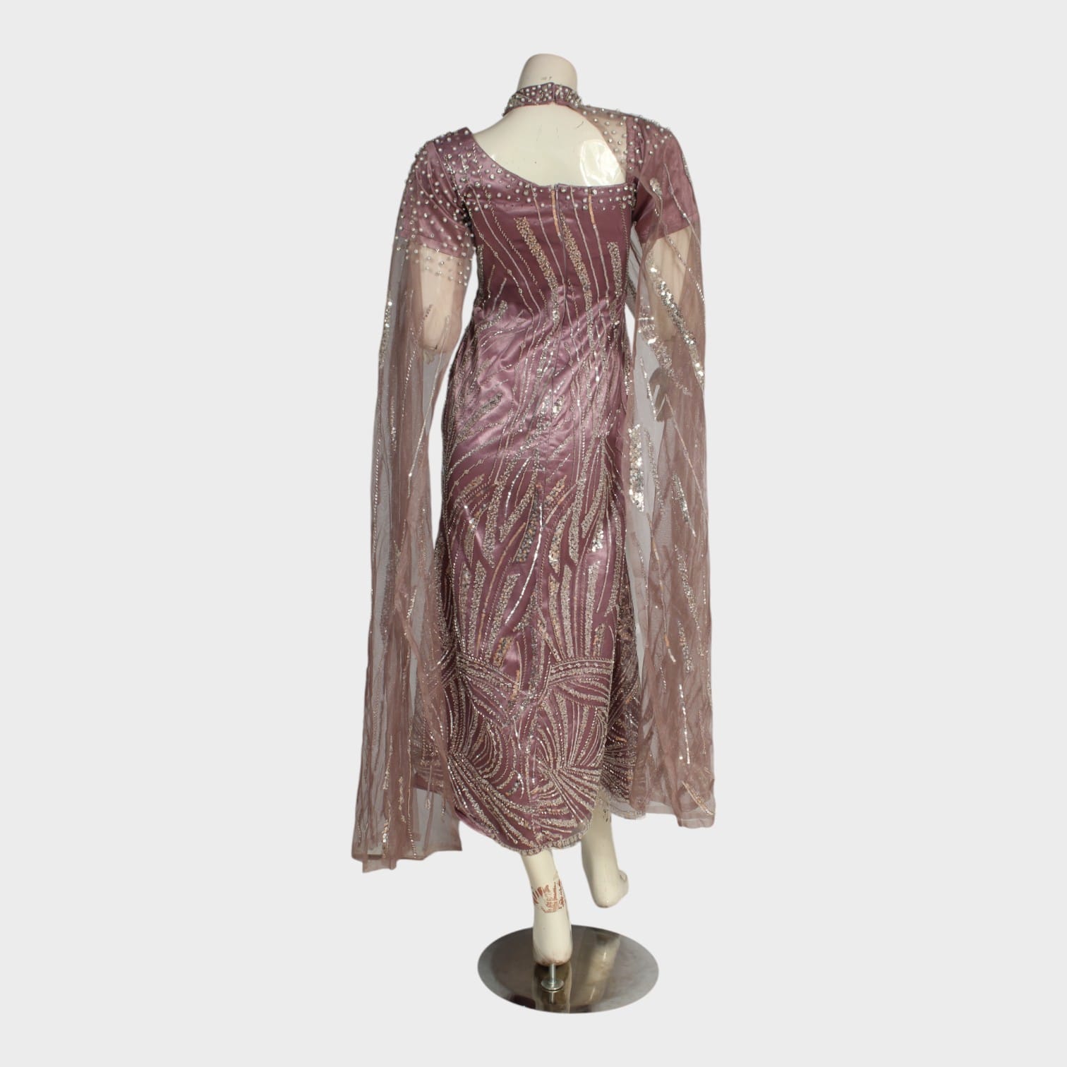 Rose Gold Embellished Evening Gown with Sheer Cape