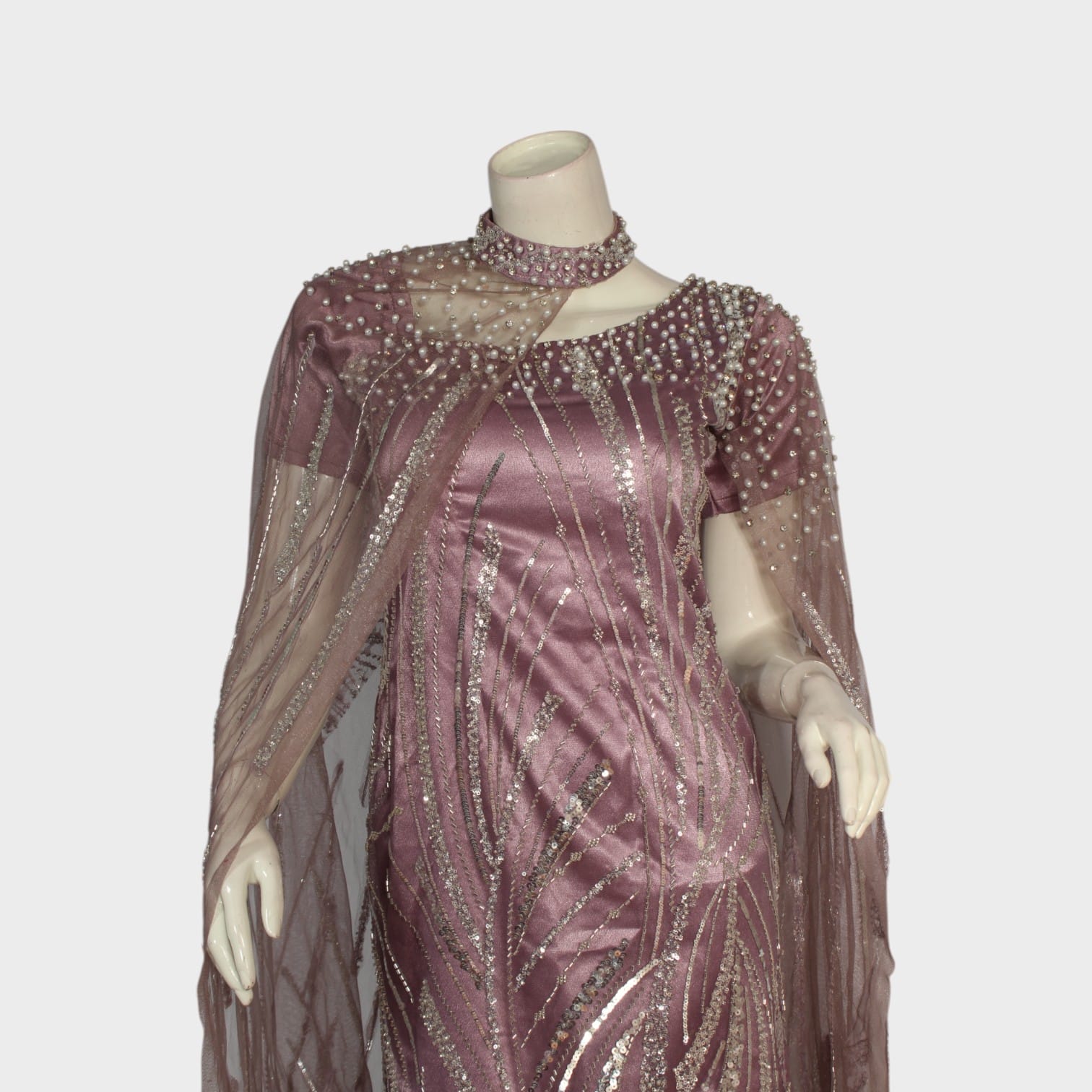 Rose Gold Embellished Evening Gown with Sheer Cape | Aseel Rose Gold Embellished Evening Gown with Sheer Cape | Aseel