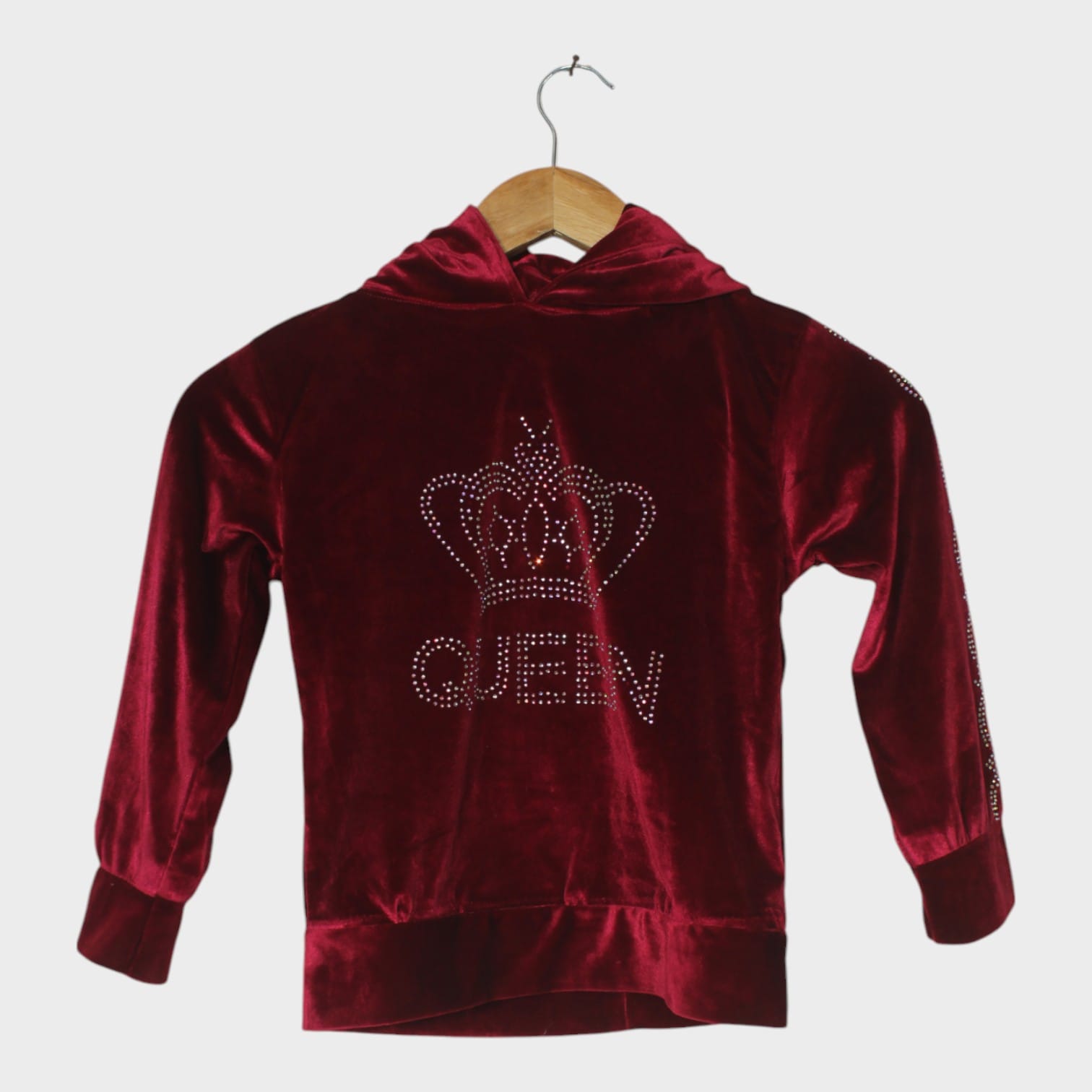 Burgundy Velvet "Queen" Hoodie for Girls