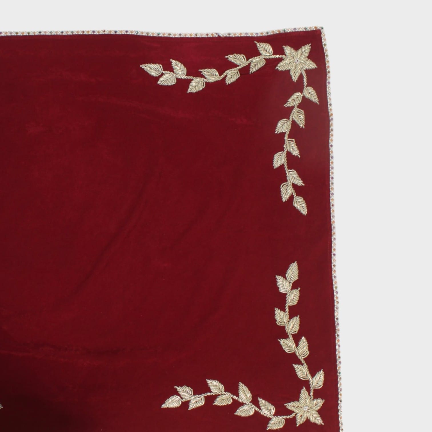 Burgundy Velvet Fabric with Golden Leaf Embroidery