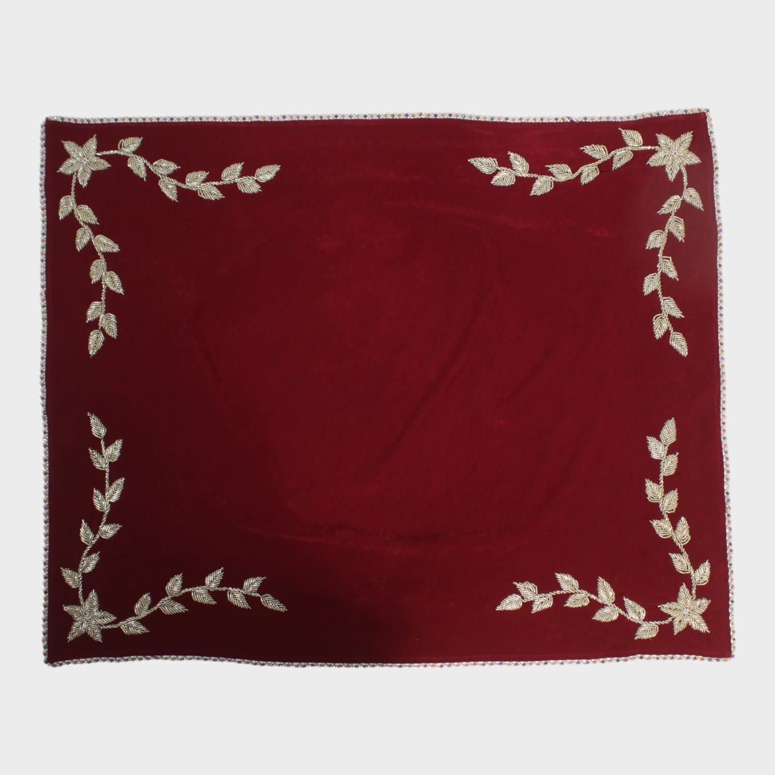 Burgundy Velvet Fabric with Golden Leaf Embroidery