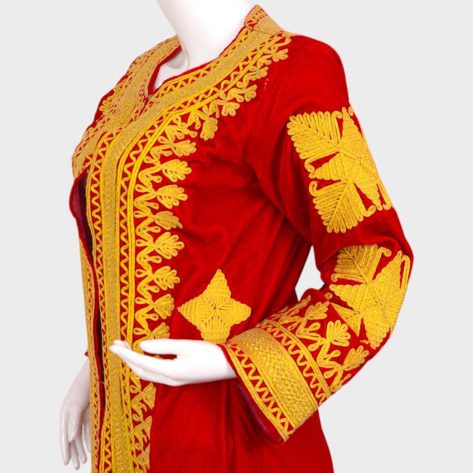 Gandi  Afghani Red Velvet Dress with Yellow Embroidery
