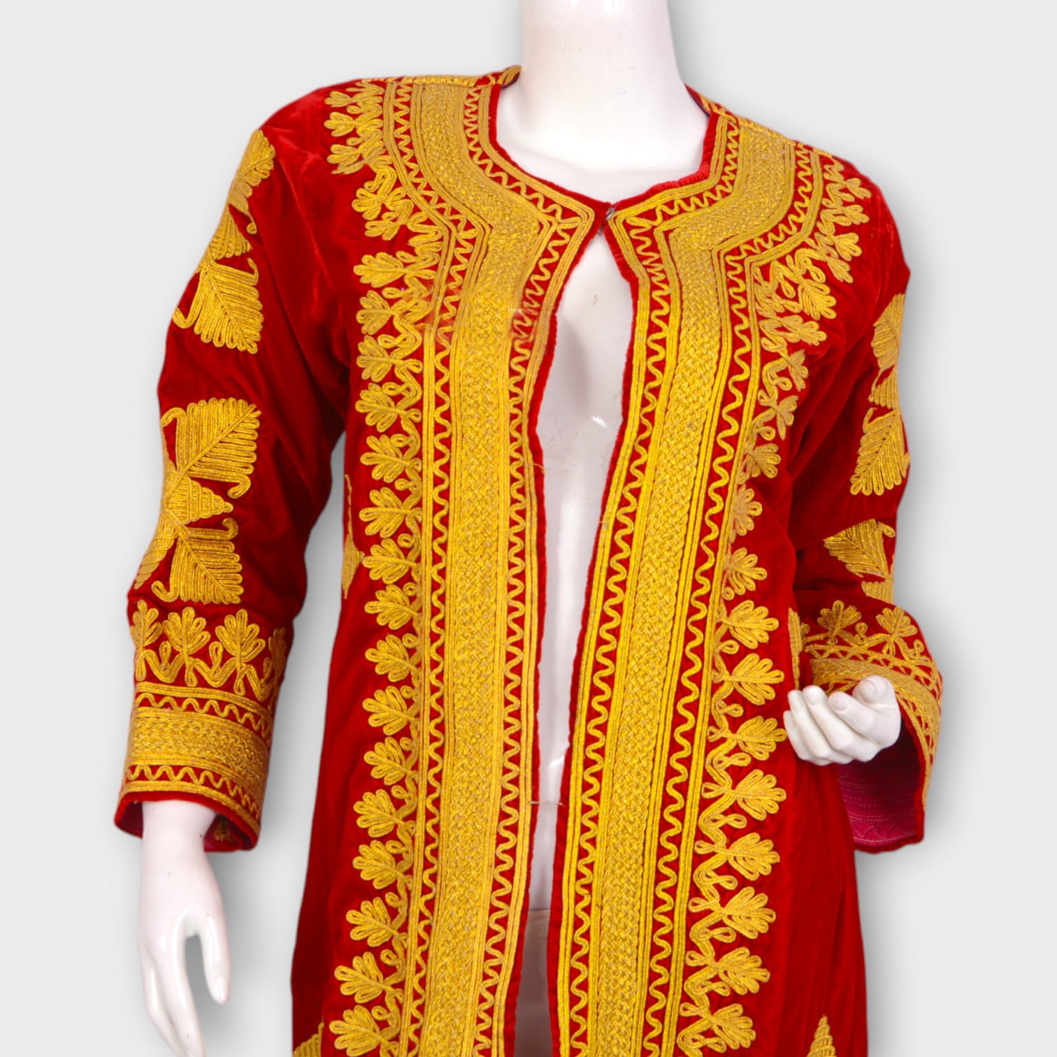 Gandi  Afghani Red Velvet Dress with Yellow Embroidery