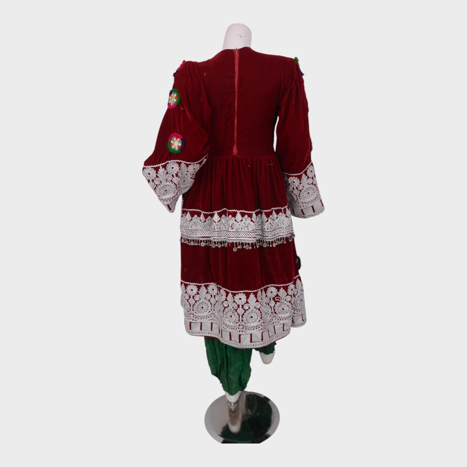 Afghani Red Velvet Dress with Colorful Embroidery and Green Dupatta