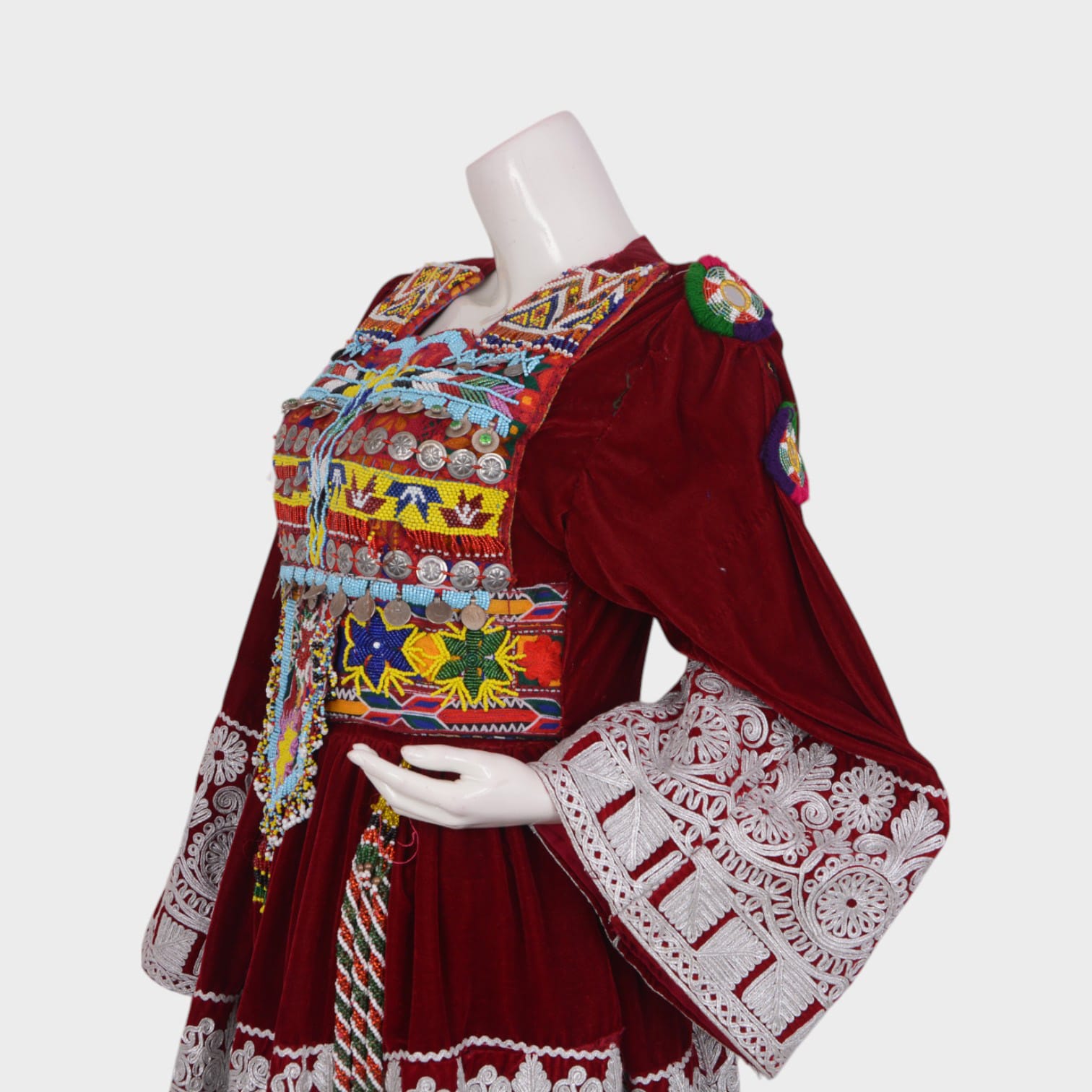 Afghani Red Velvet Dress with Colorful Embroidery and Green Dupatta