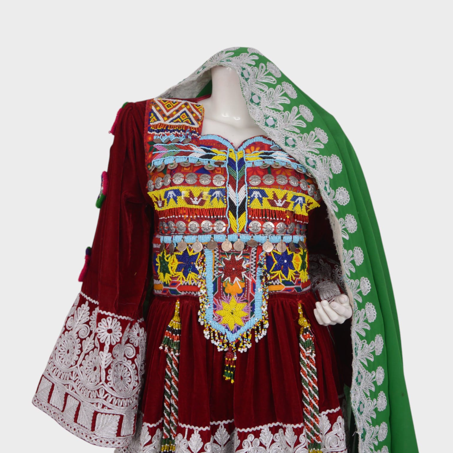 Afghani Red Velvet Dress with Colorful Embroidery and Green Dupatta
