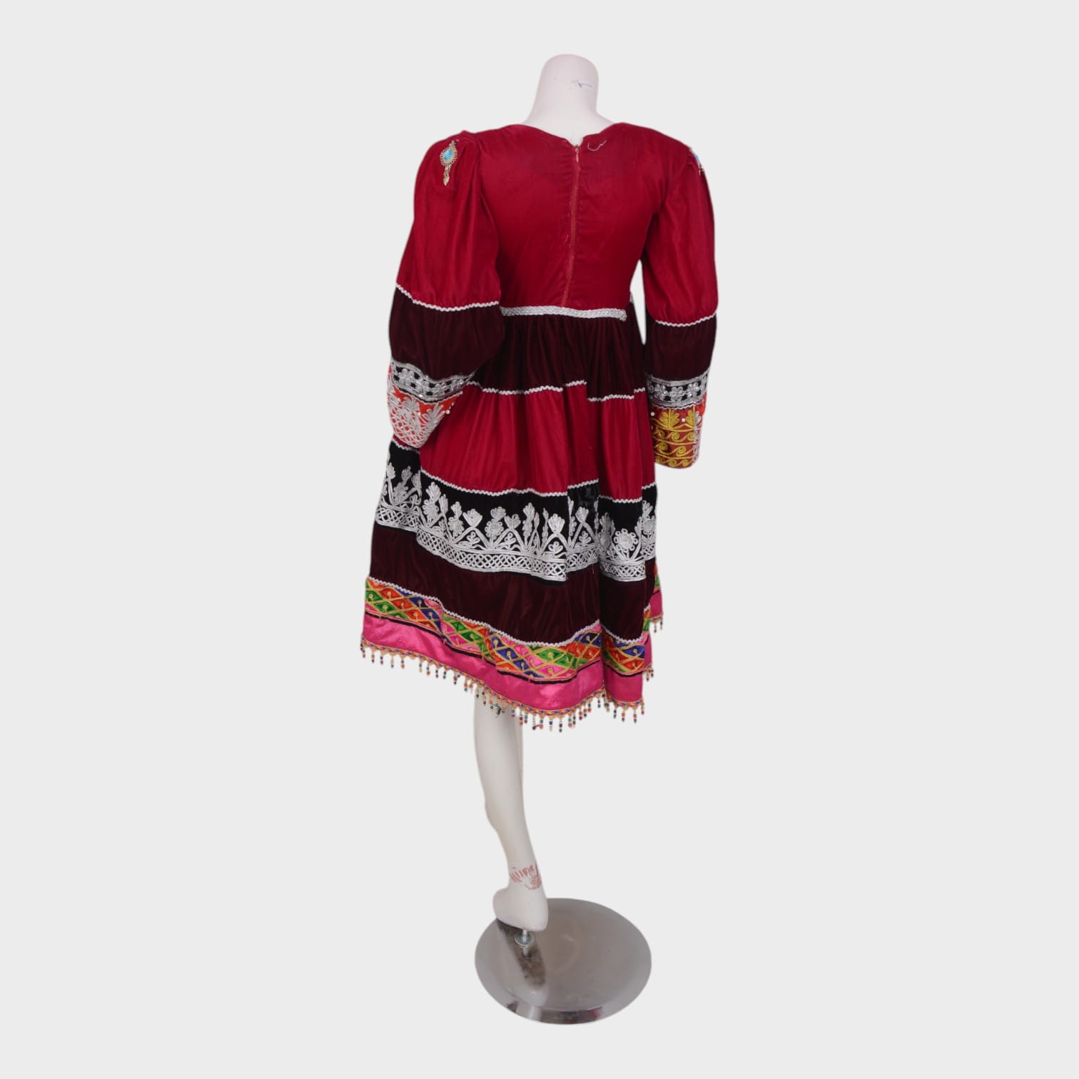 Gandi Afghani Velvet Dress with Colorful Embroidery and Tassels