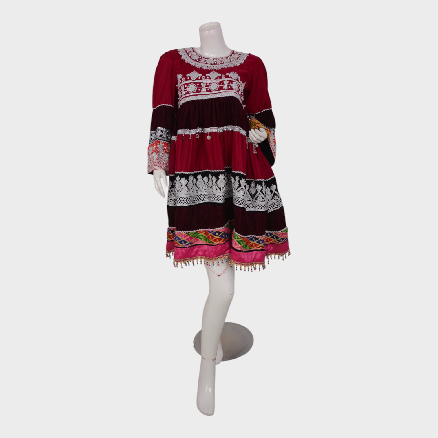 Gandi Afghani Velvet Dress with Colorful Embroidery and Tassels