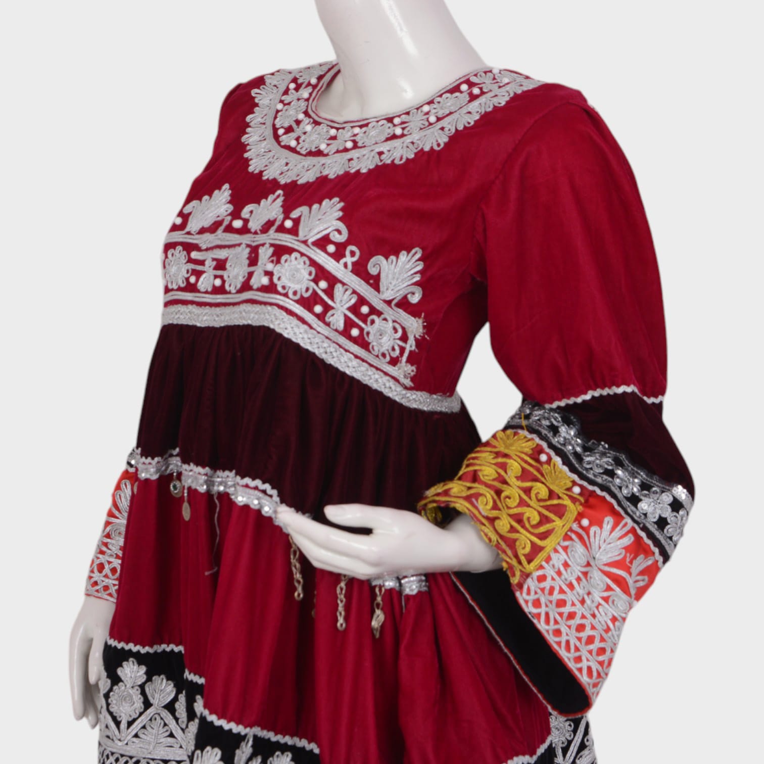 Gandi Afghani Velvet Dress with Colorful Embroidery and Tassels