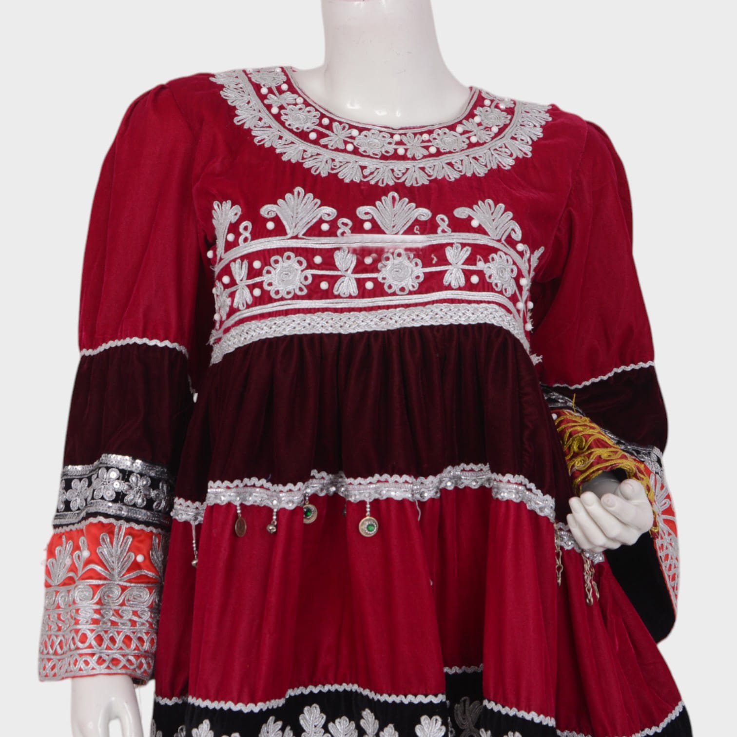 Gandi Afghani Velvet Dress with Colorful Embroidery and Tassels