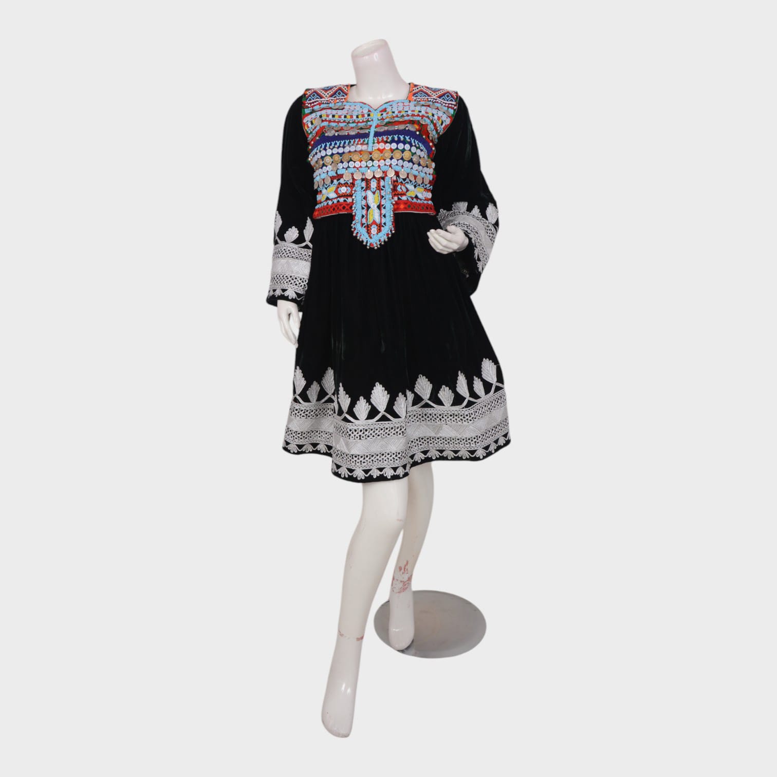 Afghani Black Velvet Dress with Colorful and White Embroidery