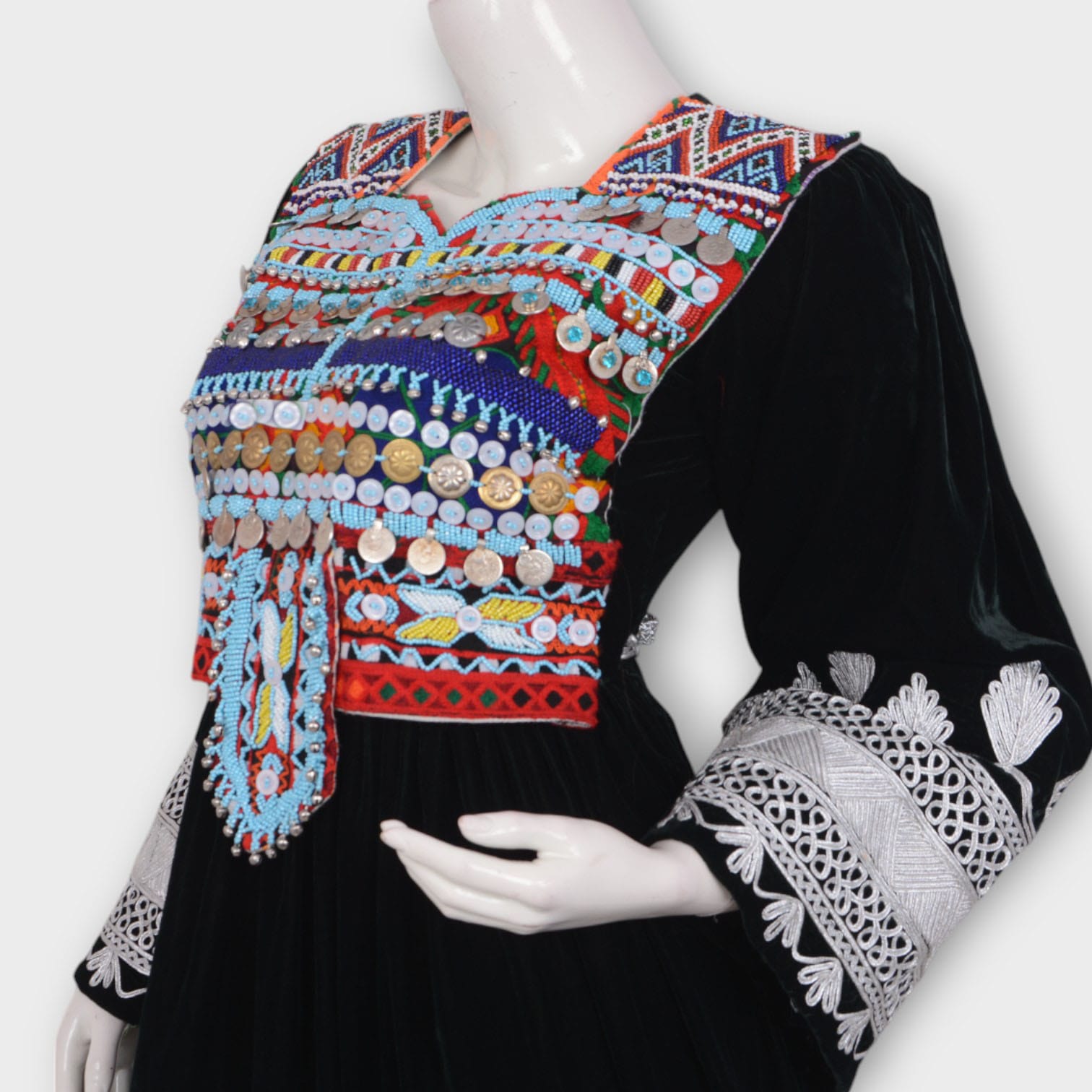 Afghani Black Velvet Dress with Colorful and White Embroidery