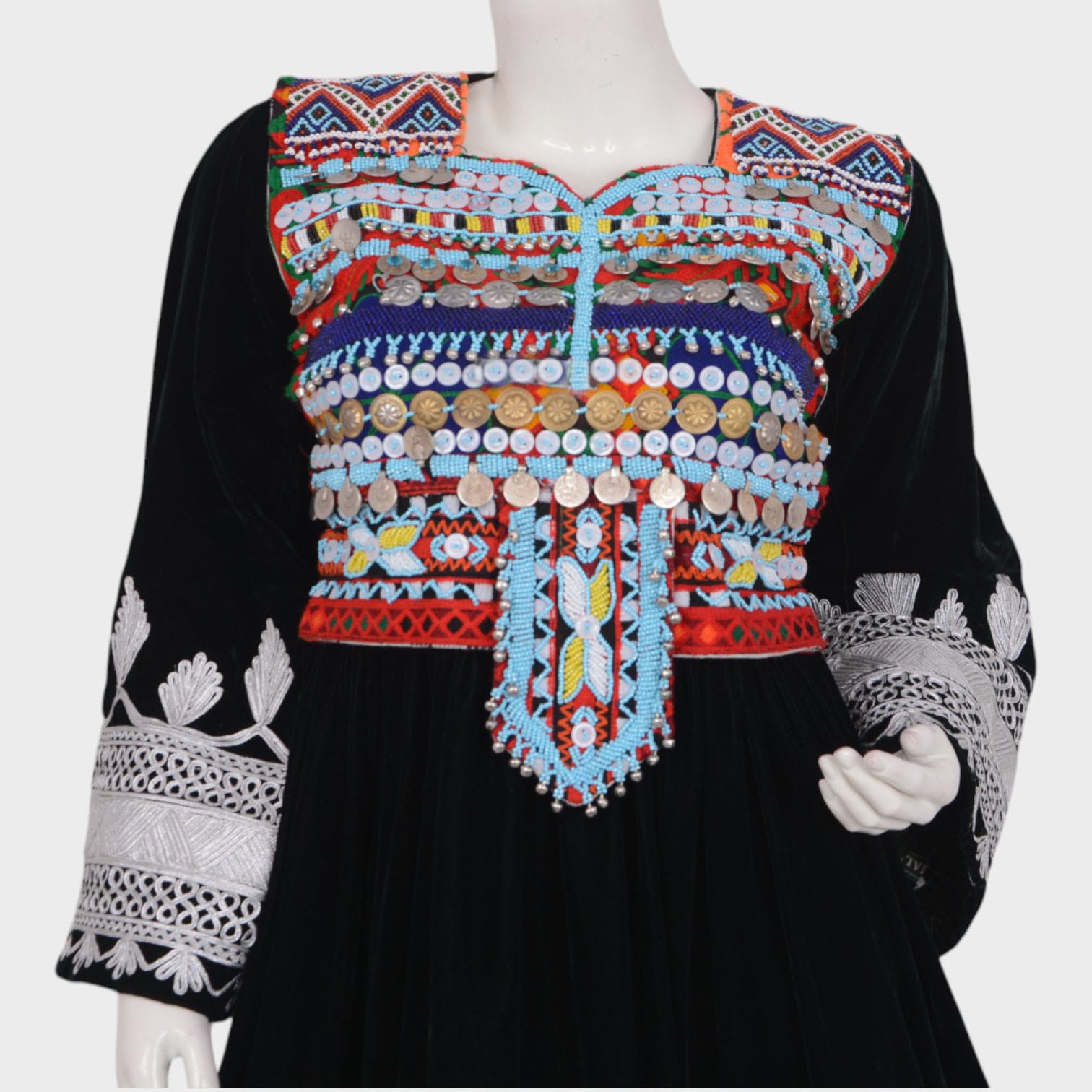 Afghani Black Velvet Dress with Colorful and White Embroidery