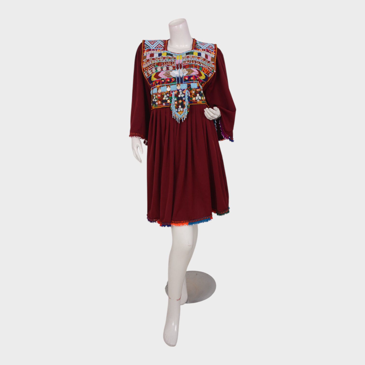 Afghani Maroon Dress with Colorful Embroidery and Tassels