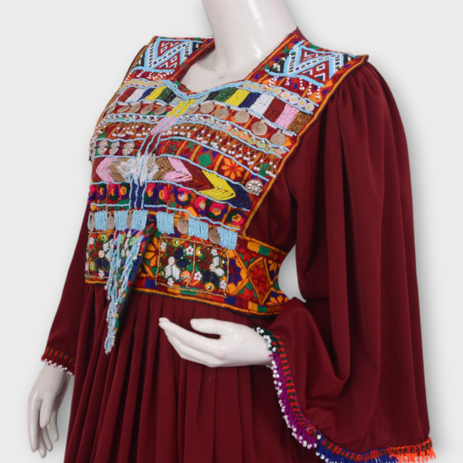 Afghani Maroon Dress with Colorful Embroidery and Tassels