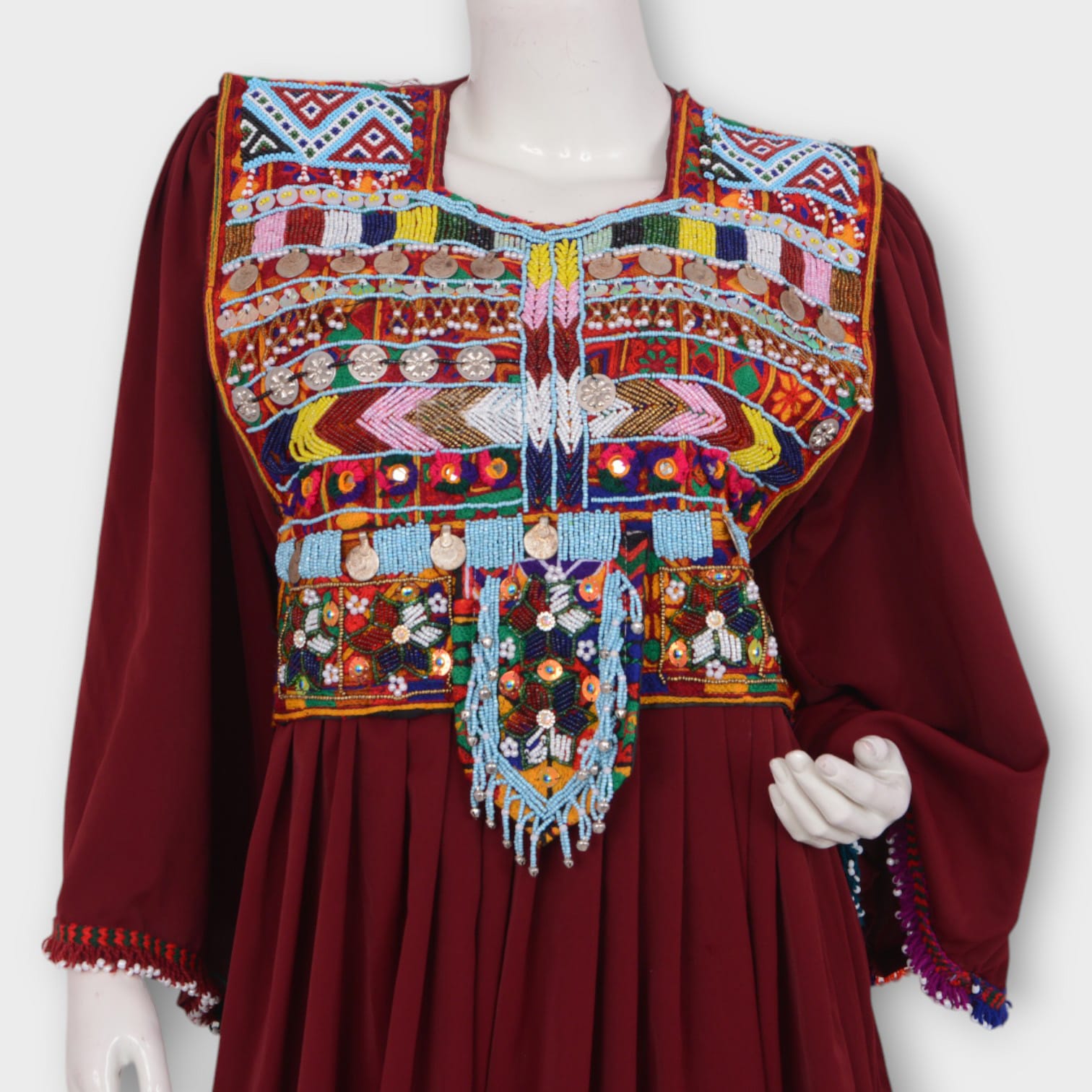 Afghani Maroon Dress with Colorful Embroidery and Tassels