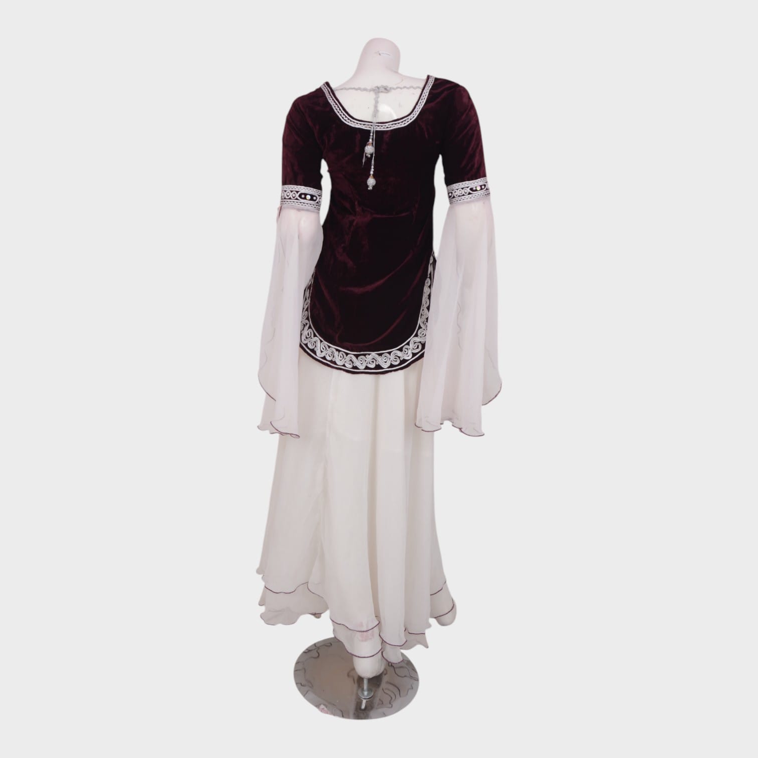 Afghani Velvet Dress with White Embroidered Detail and Flowing Skirt