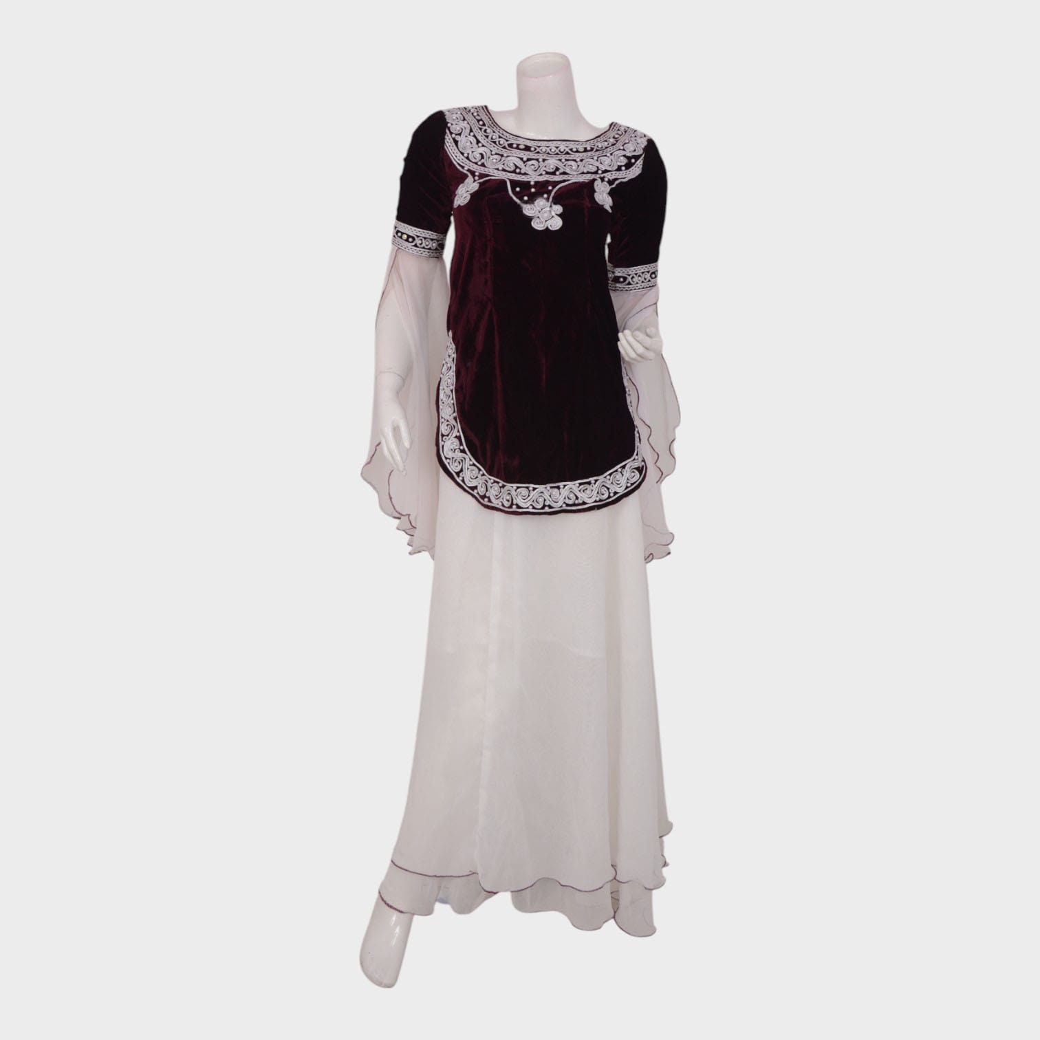 Afghani Velvet Dress with White Embroidered Detail and Flowing Skirt