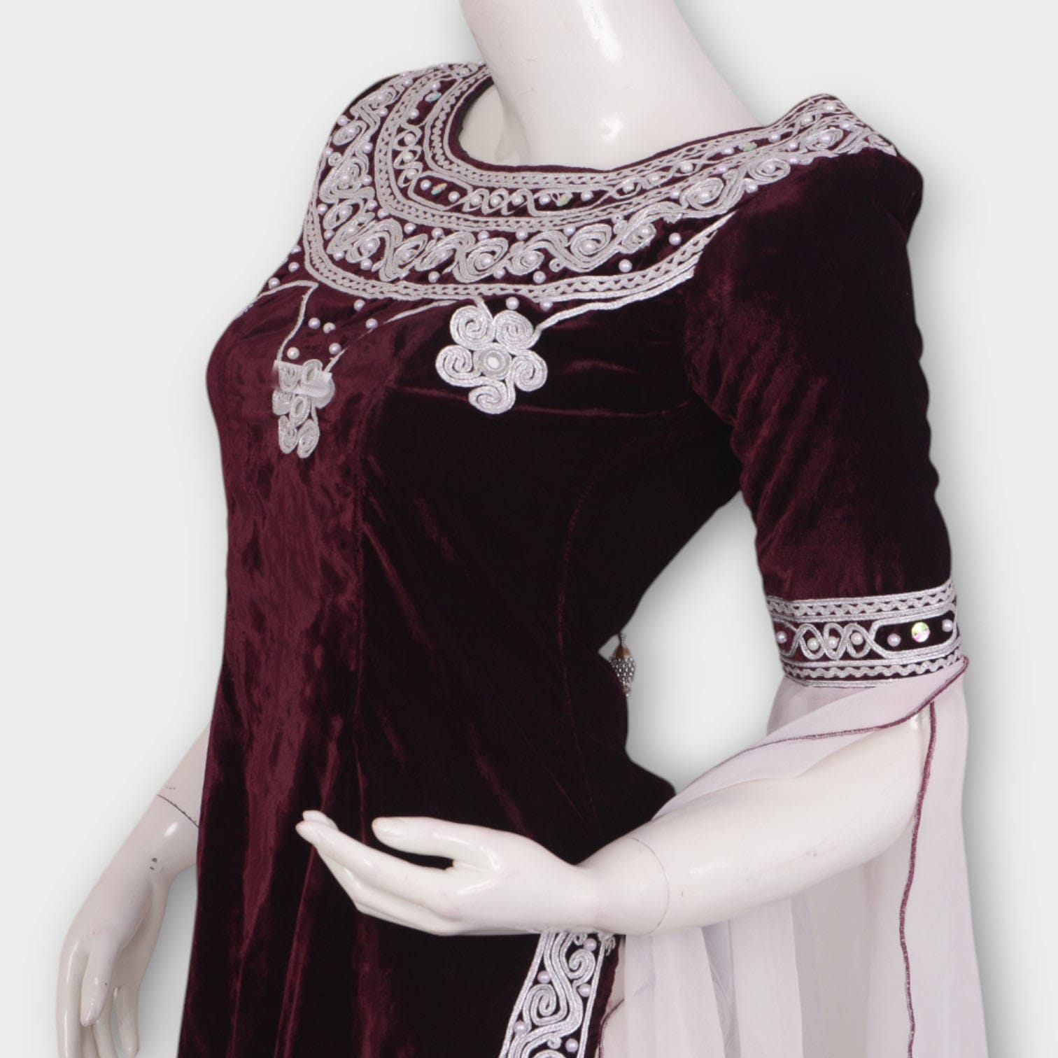Afghani Velvet Dress with White Embroidered Detail and Flowing Skirt