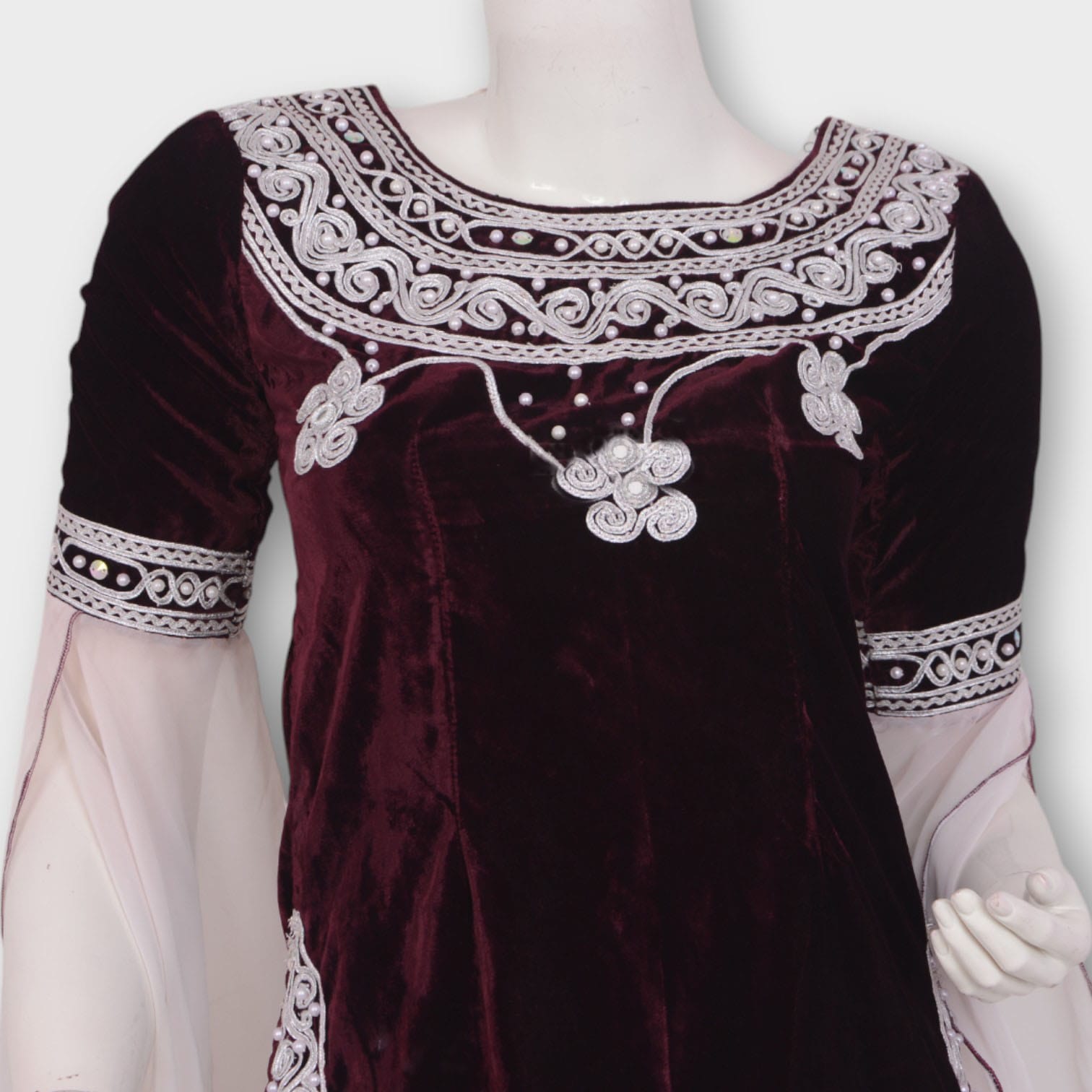 Afghani Velvet Dress with White Embroidered Detail and Flowing Skirt