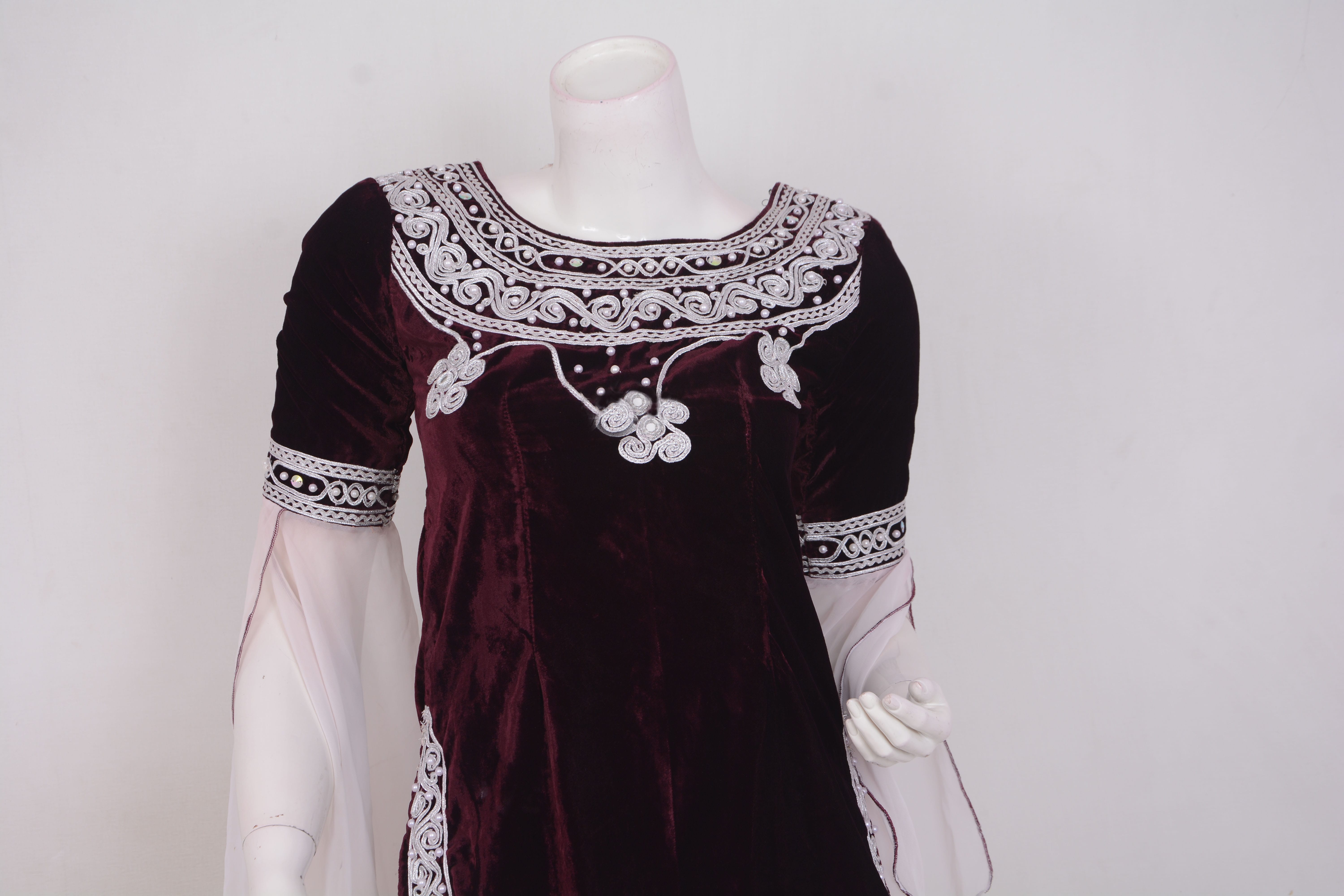 Afghani Velvet Dress with White Embroidered Detail and Flowing Skirt