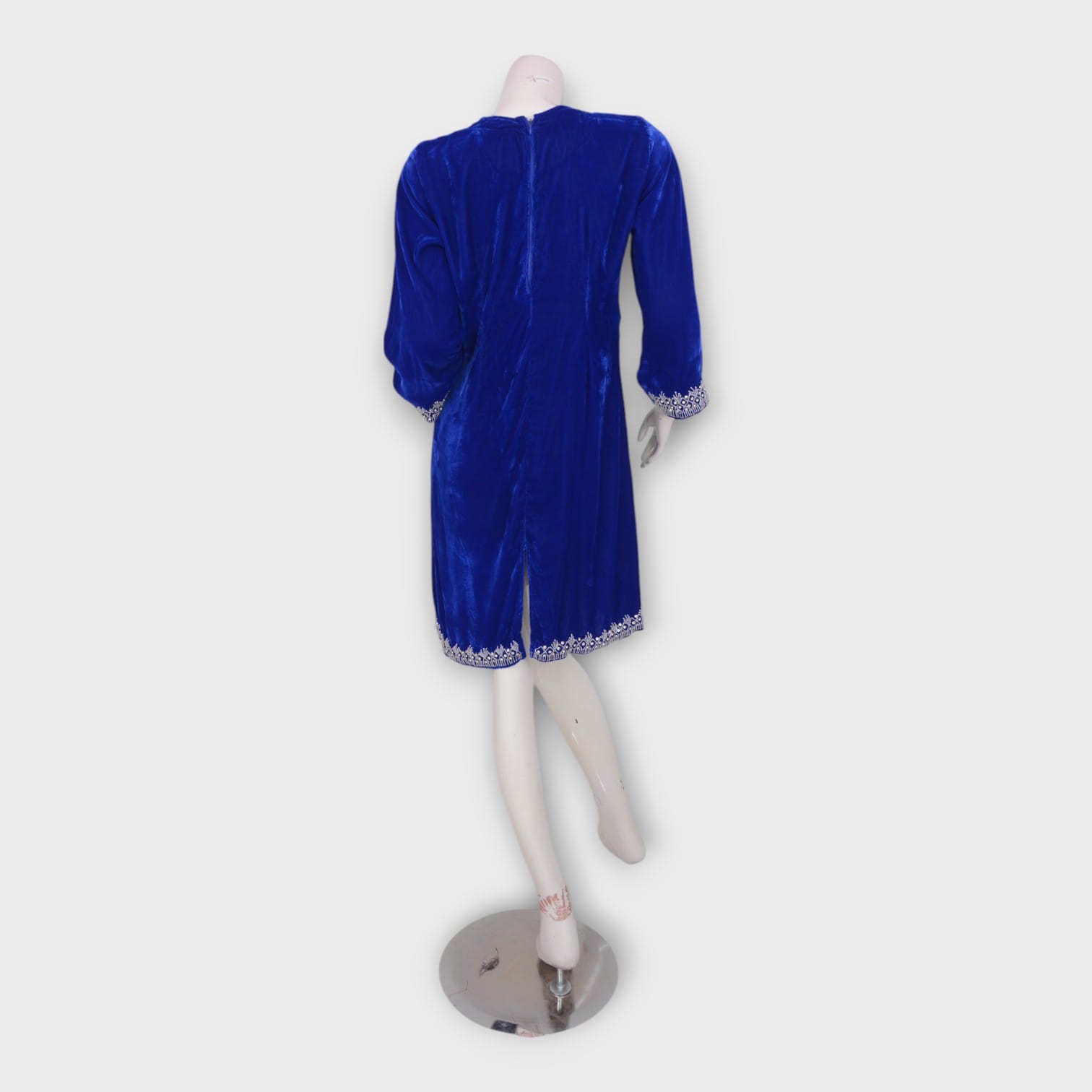 Afghani Blue Velvet Dress with White Embroidery