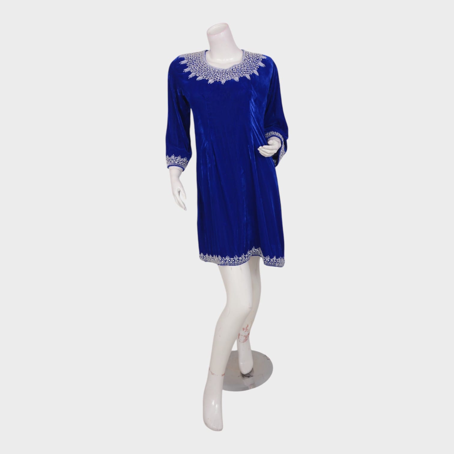 Afghani Blue Velvet Dress with White Embroidery