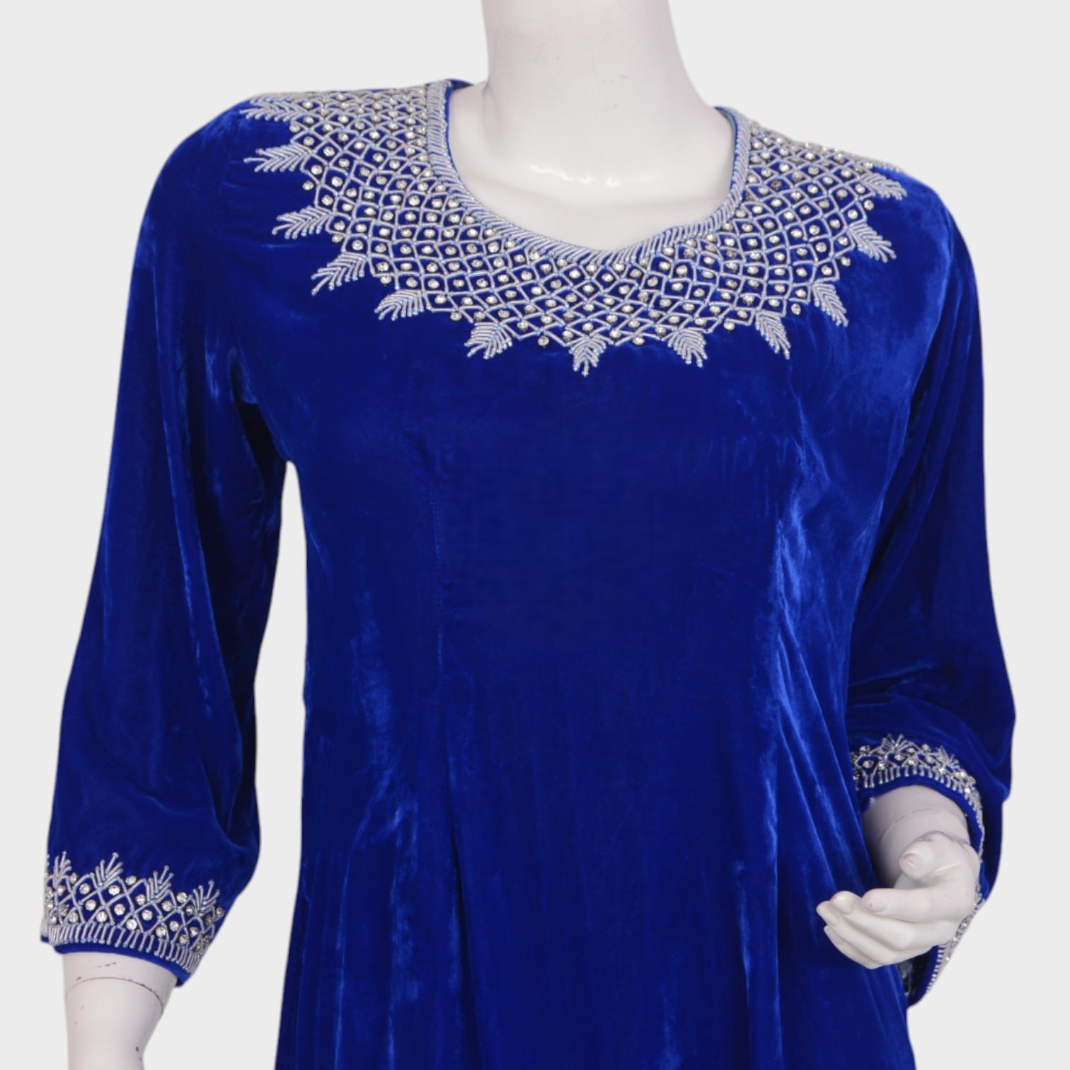 Afghani Blue Velvet Dress with White Embroidery
