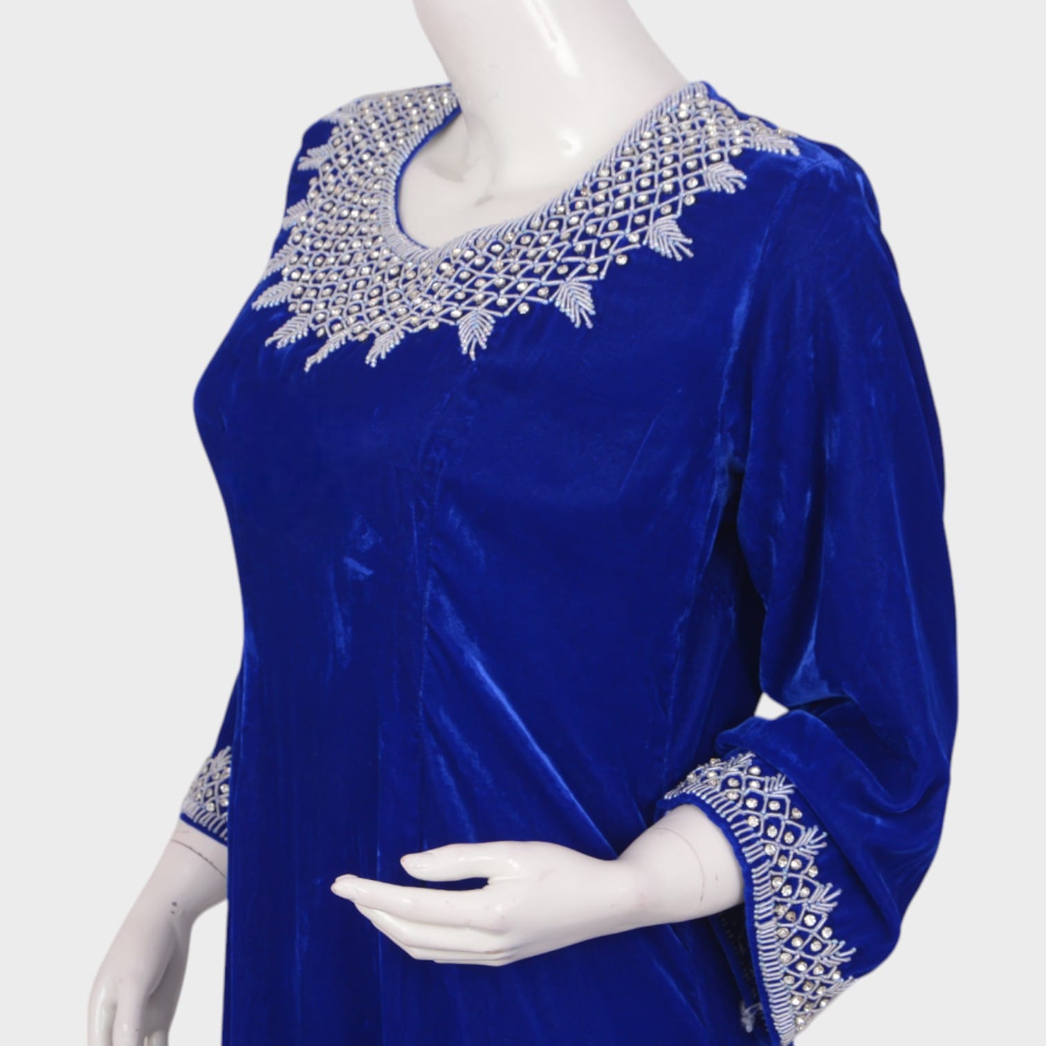 Afghani Blue Velvet Dress with White Embroidery