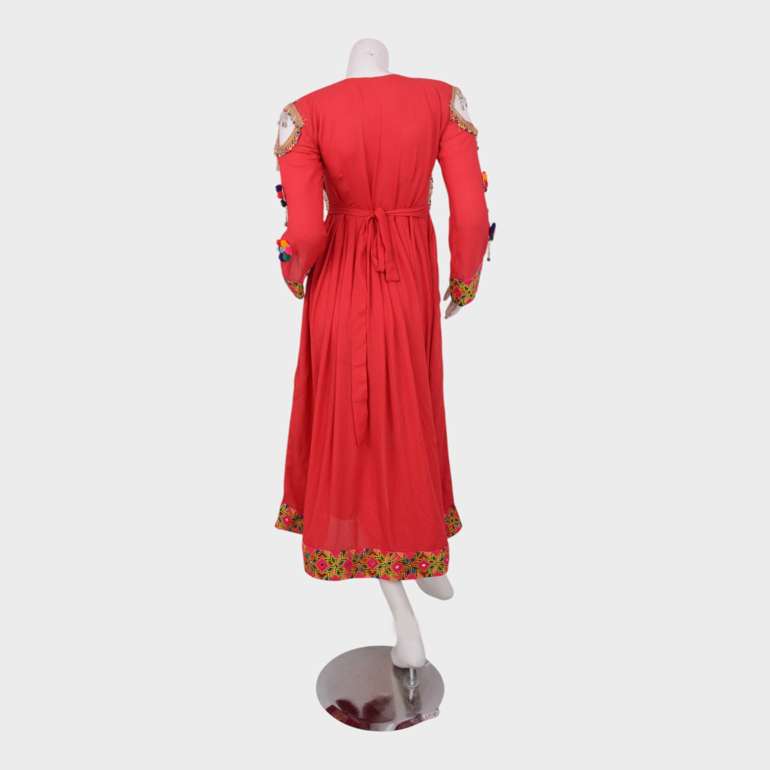 Afghani Red Dress with Colorful Embroidery and Pom-Pom Detailing