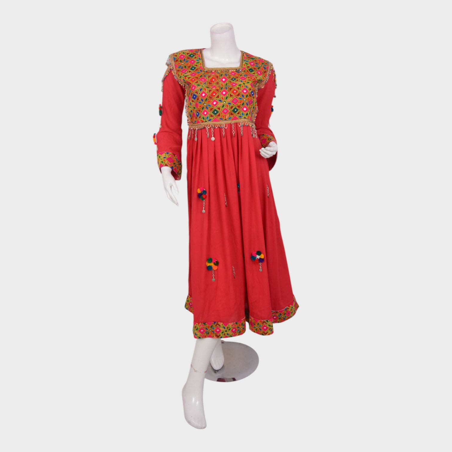 Afghani Red Dress with Colorful Embroidery and Pom-Pom Detailing