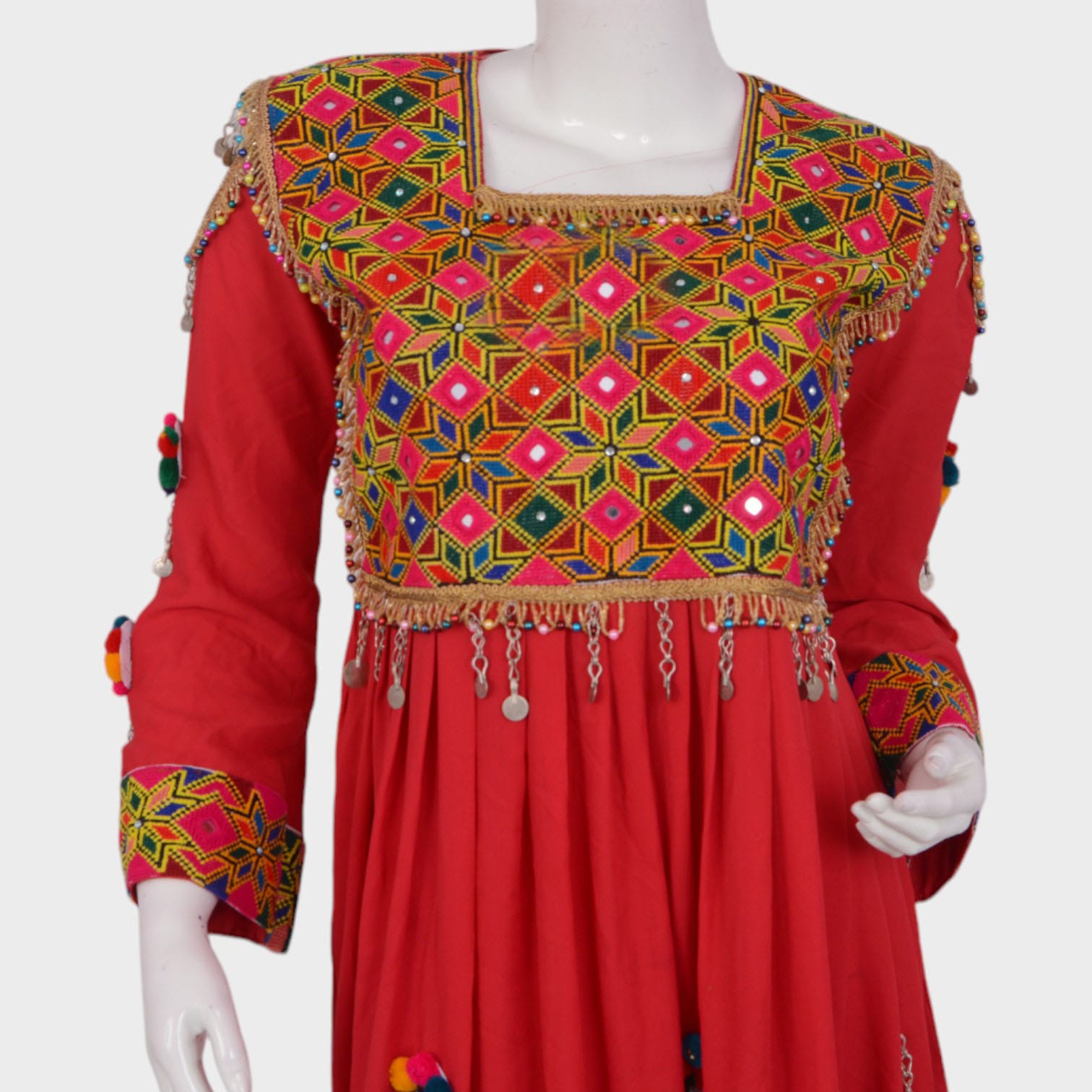 Afghani Red Dress with Colorful Embroidery and Pom-Pom Detailing