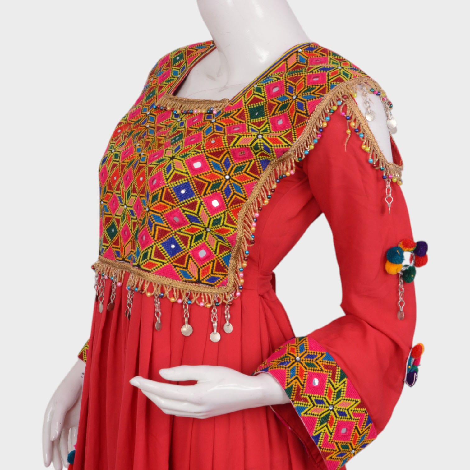 Afghani Red Dress with Colorful Embroidery and Pom-Pom Detailing