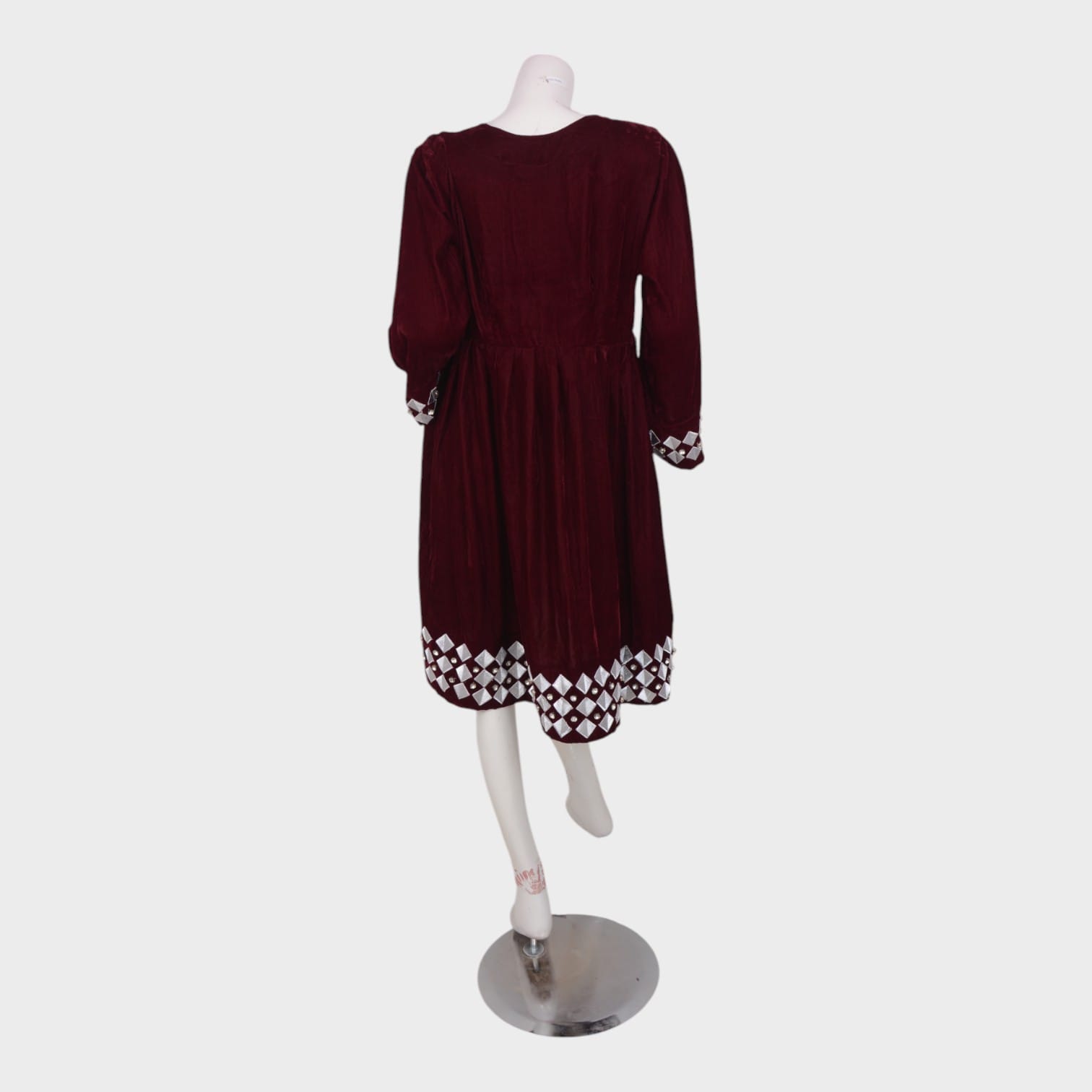 Afghani Red Velvet Dress with White Diamond Embroidery