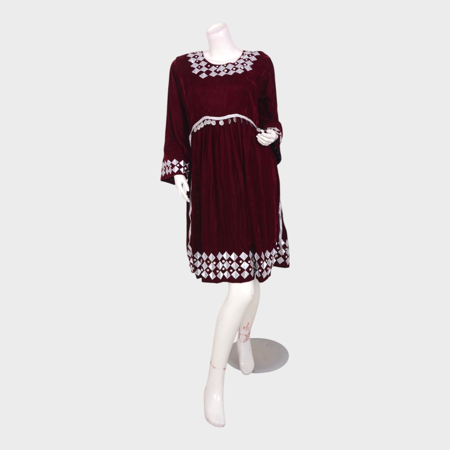 Afghani Red Velvet Dress with White Diamond Embroidery