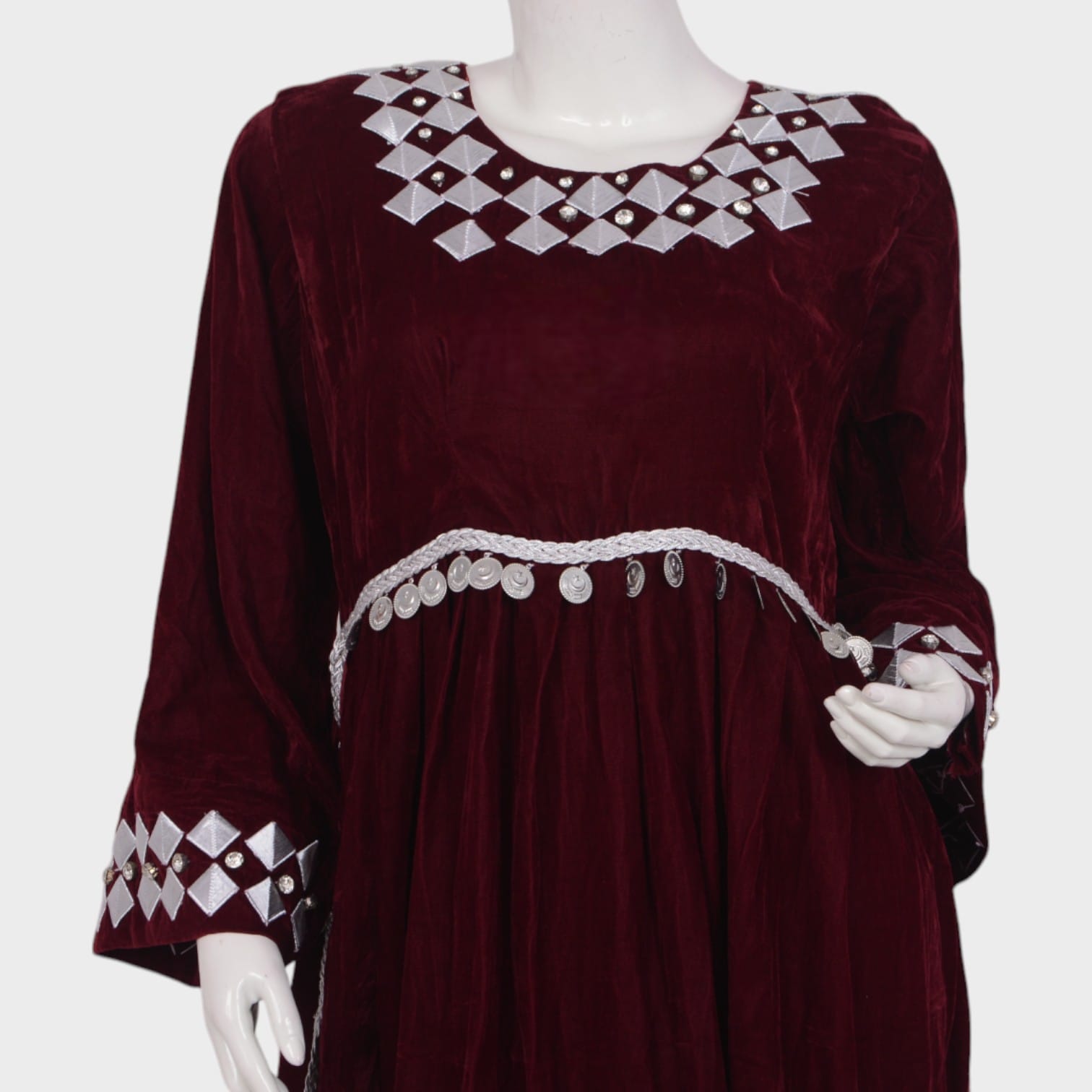 Afghani Red Velvet Dress with White Diamond Embroidery