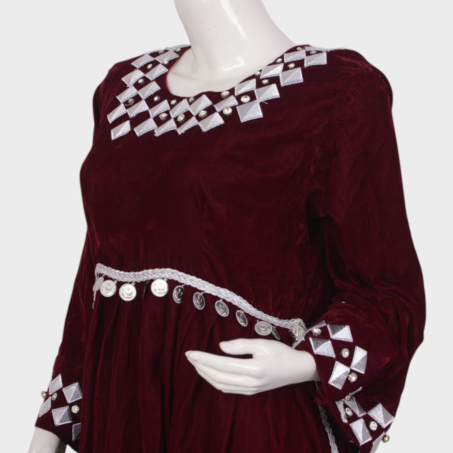 Afghani Red Velvet Dress with White Diamond Embroidery