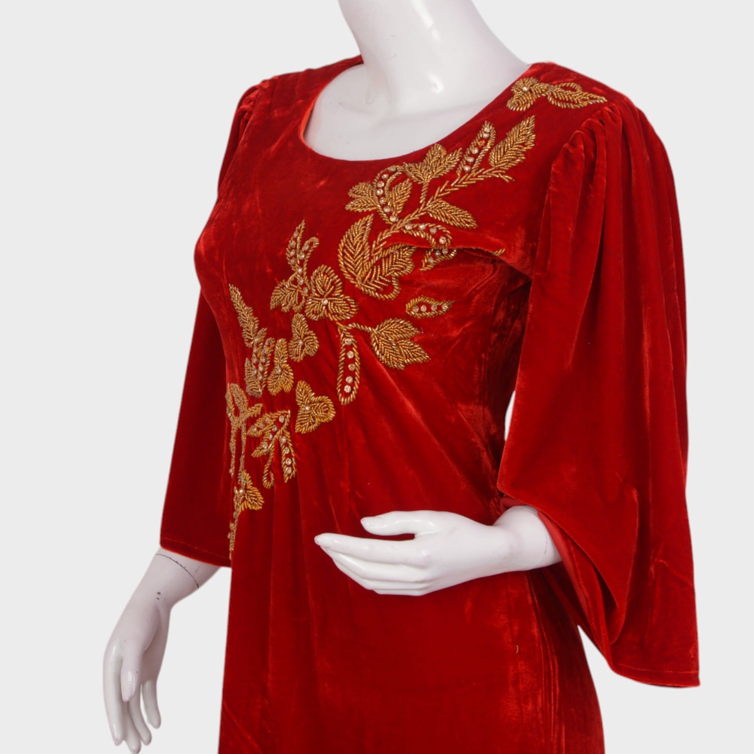 Afghani Red Velvet Dress with Gold Floral Embroidery