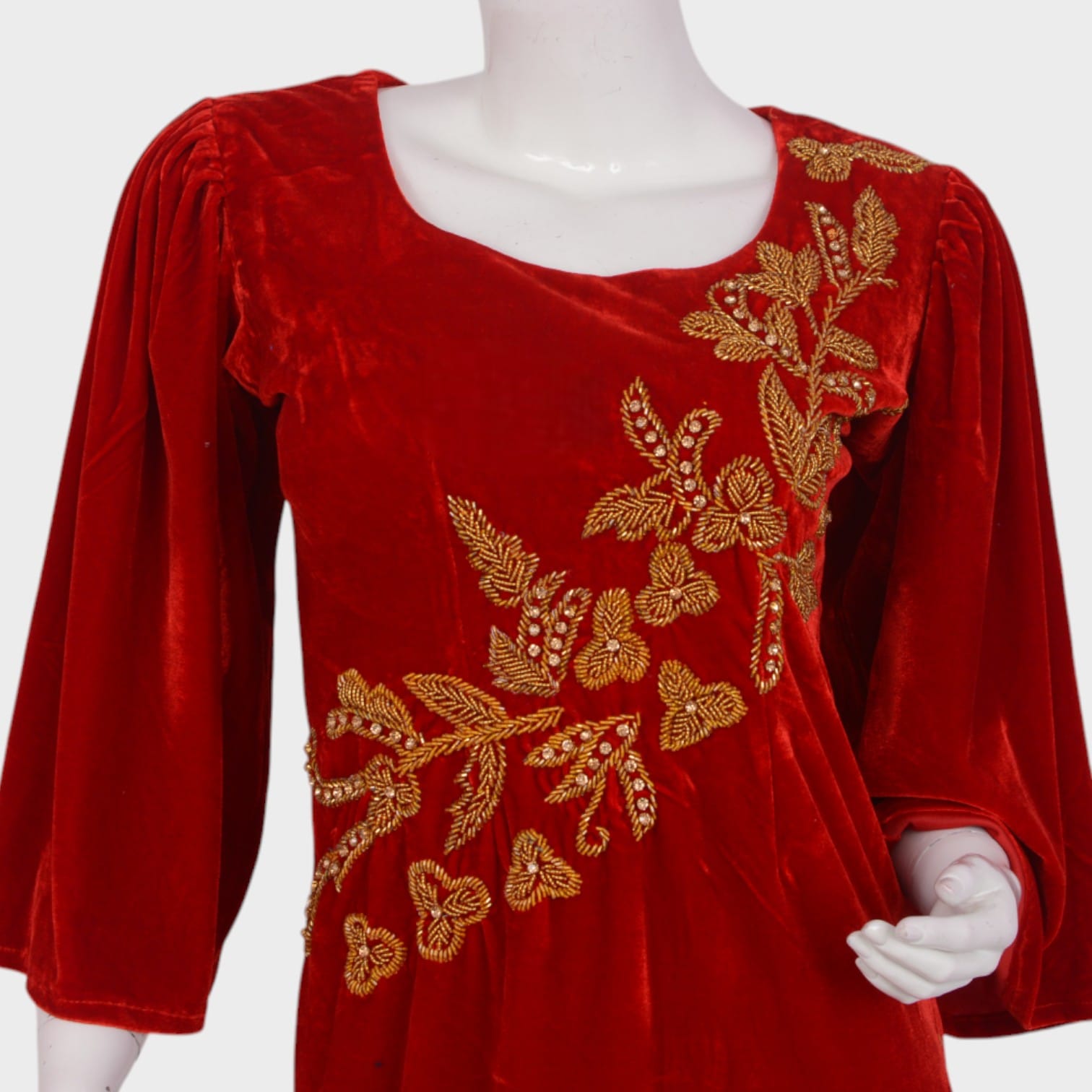 Afghani Red Velvet Dress with Gold Floral Embroidery | Aseel Afghani Red Velvet Dress with Gold Floral Embroidery | Aseel