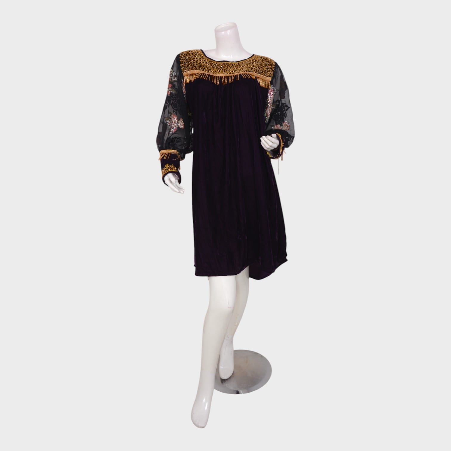 Afghani Velvet Dress with Floral Embroidered Sleeves