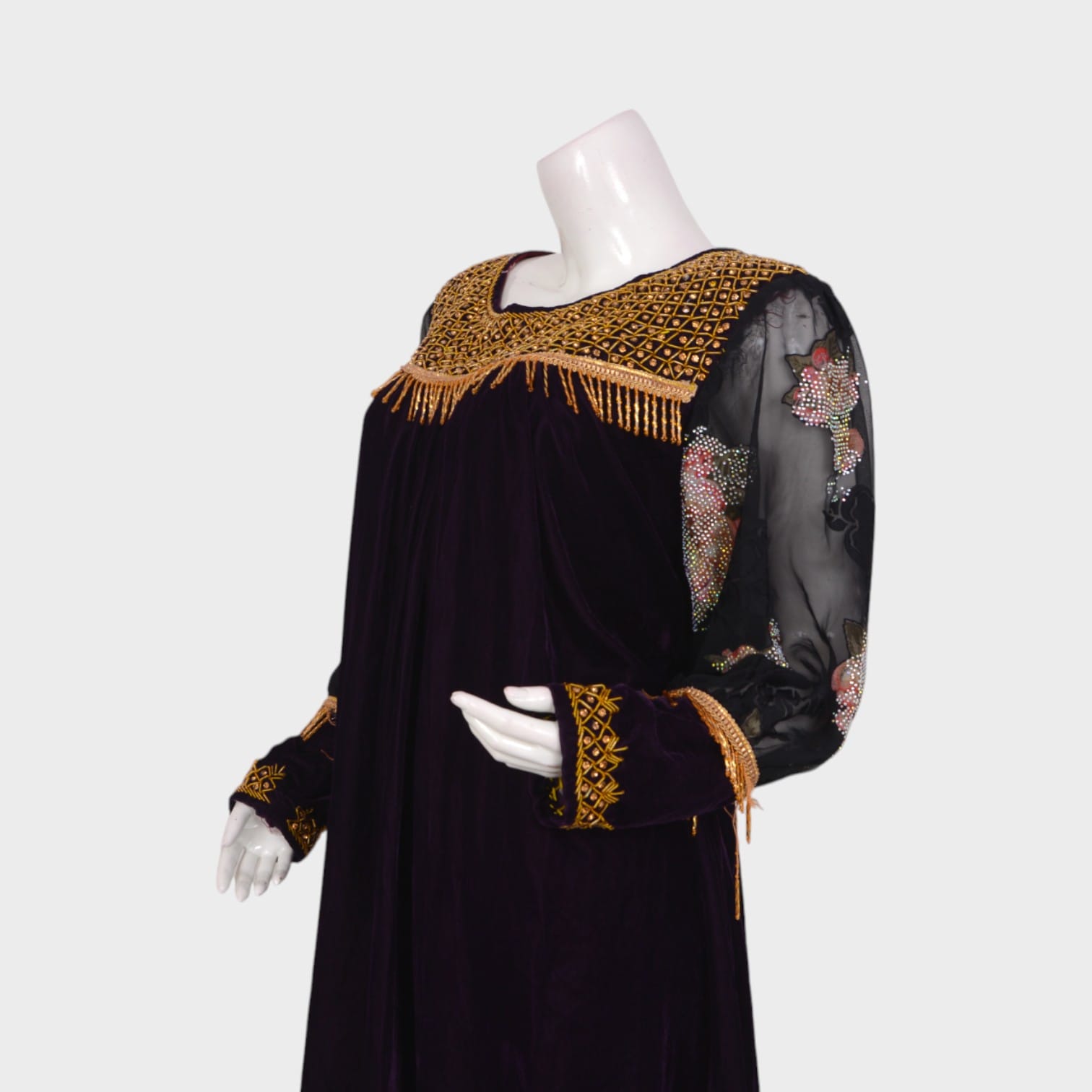 Afghani Velvet Dress with Floral Embroidered Sleeves