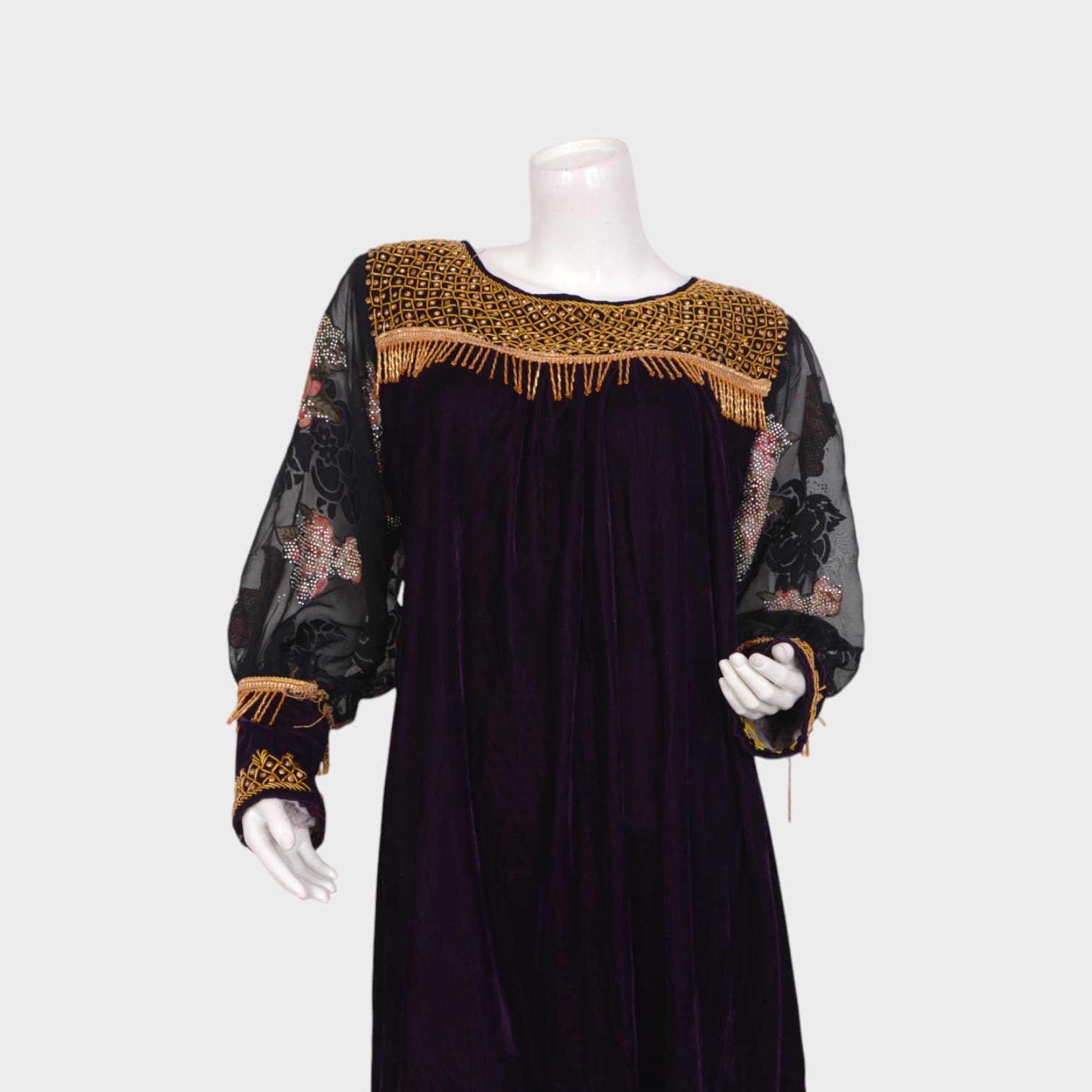 Afghani Velvet Dress with Floral Embroidered Sleeves