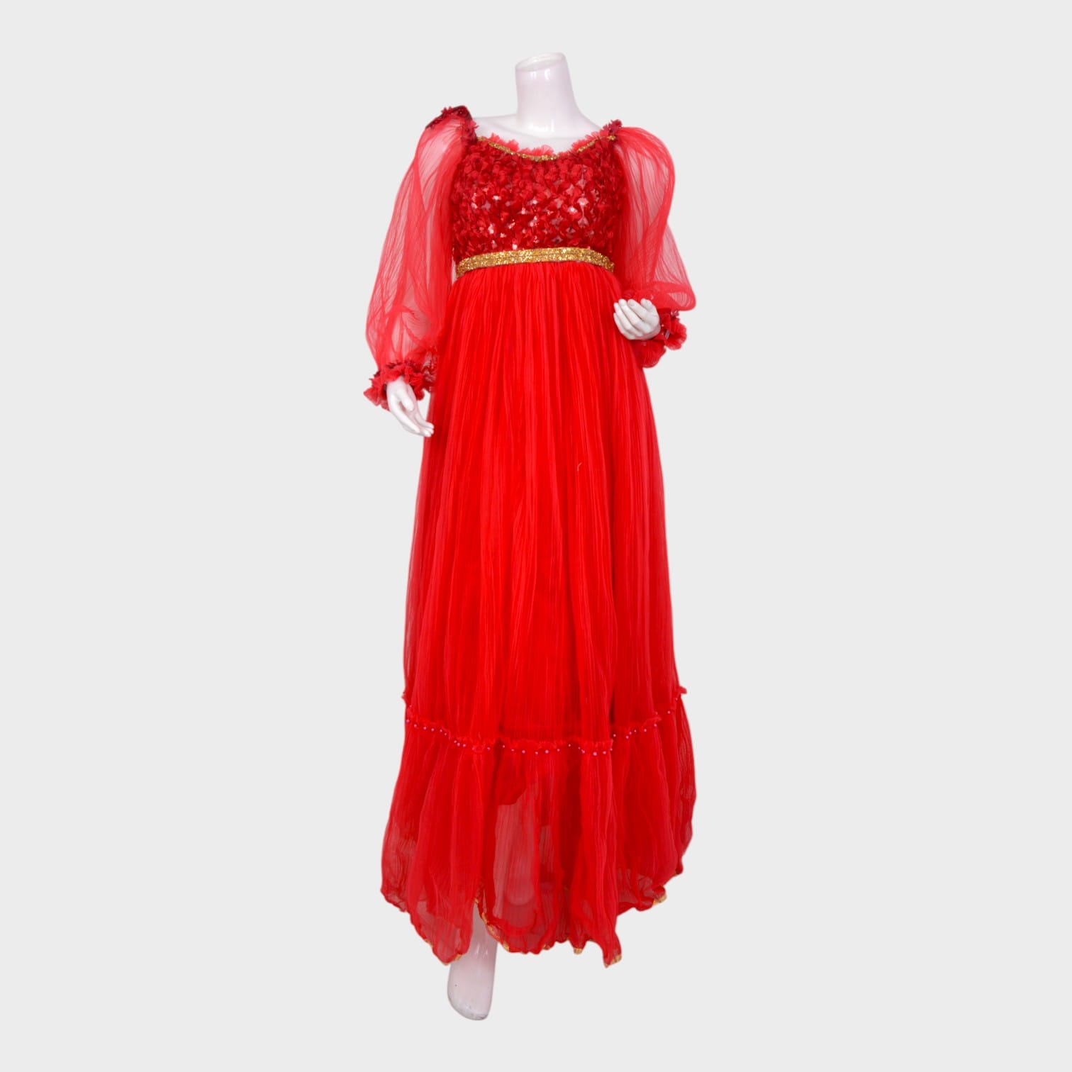 Elegant Red Afghani Gown with Embellished Bodice and Sheer Sleeves