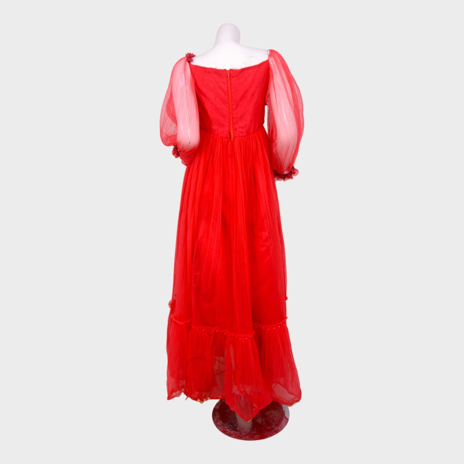 Elegant Red Afghani Gown with Embellished Bodice and Sheer Sleeves