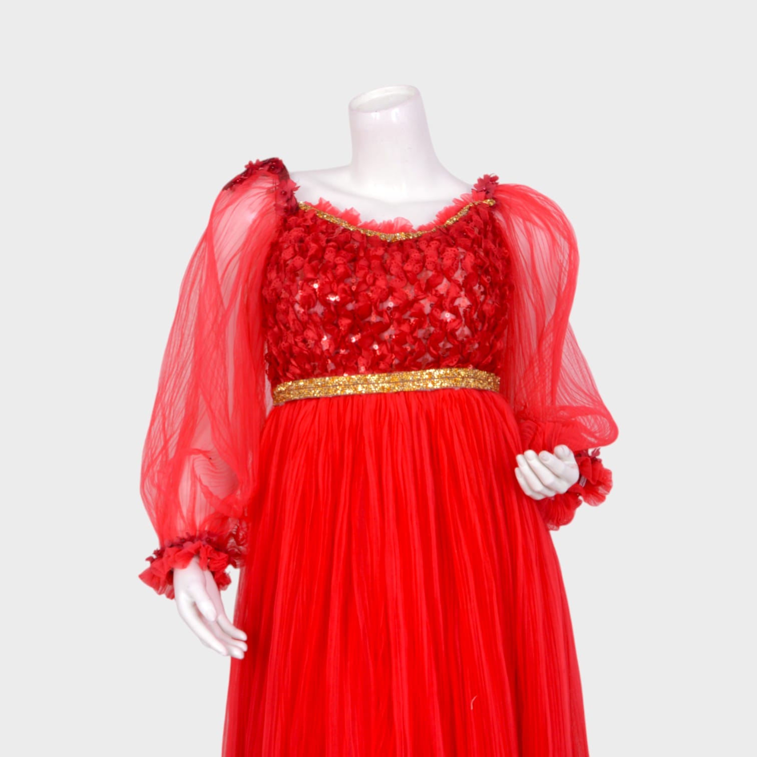 Elegant Red Afghani Gown with Embellished Bodice and Sheer Sleeves