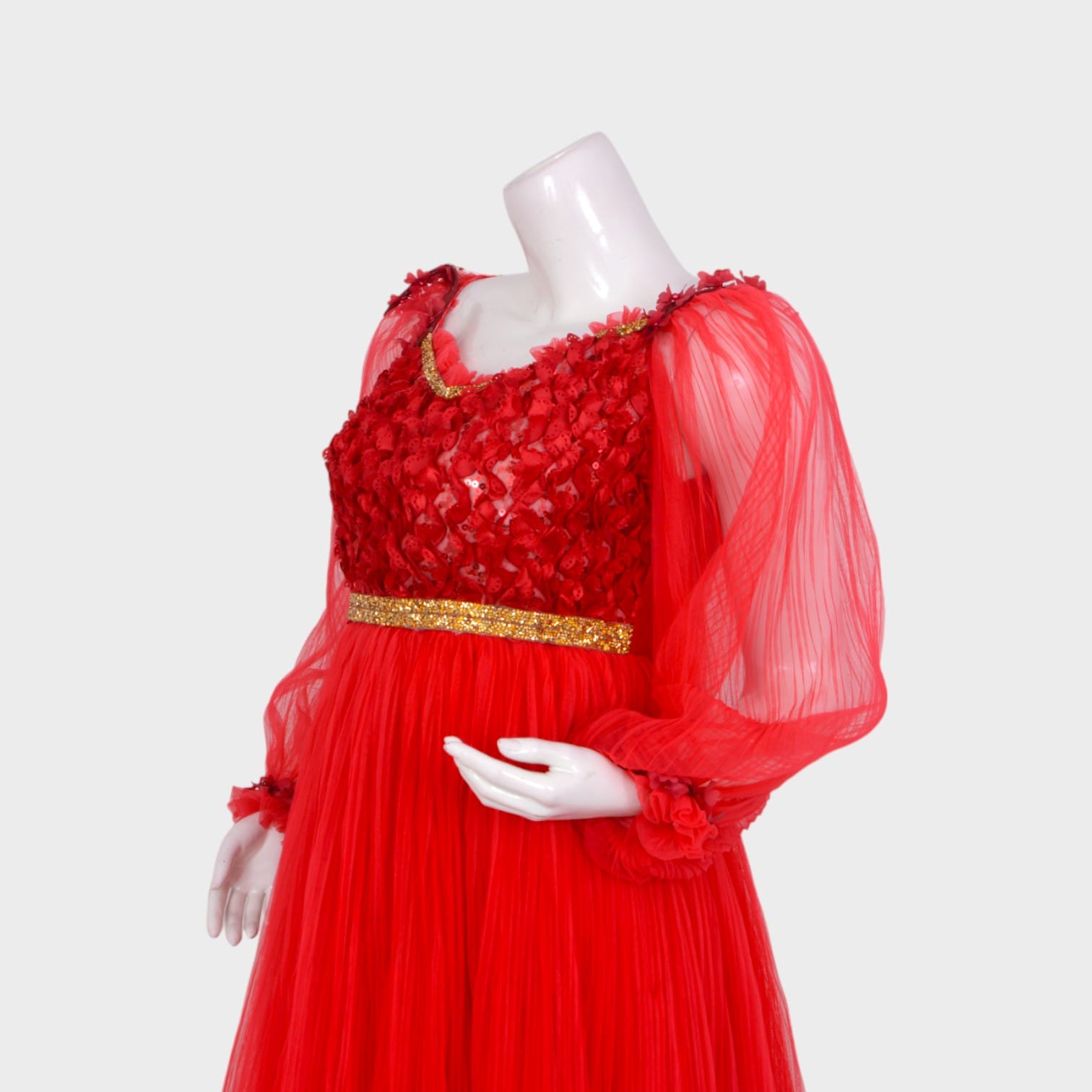 Elegant Red Afghani Gown with Embellished Bodice and Sheer Sleeves