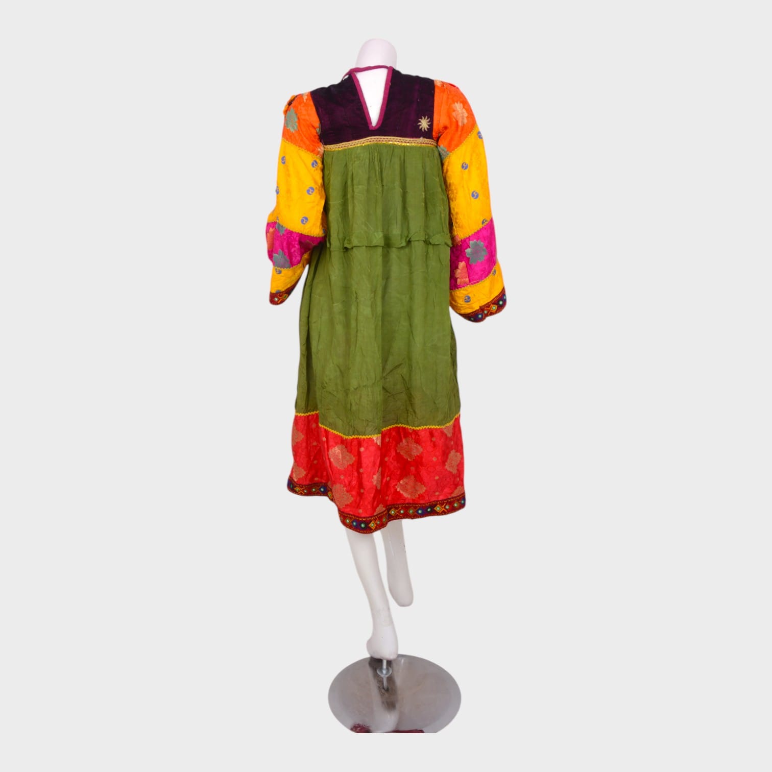 Traditional Multi-Colored Afghani Dress with Embroidered Sleeves and Coin Detailing